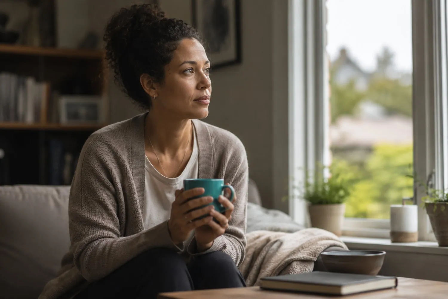 an adult sitting quietly with a cup of tea, processing a recent change an adult sitting quietly with a cup of tea, processing a recent change