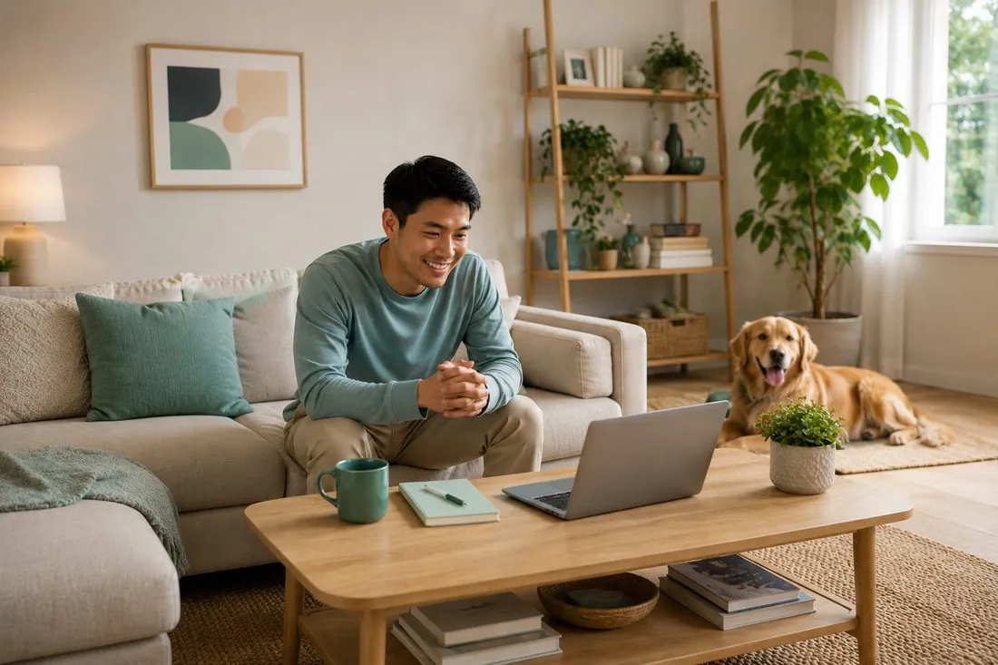 A calm, reassured adult at home with their dog after a telepsychiatry session A calm, reassured adult at home with their dog after a telepsychiatry session