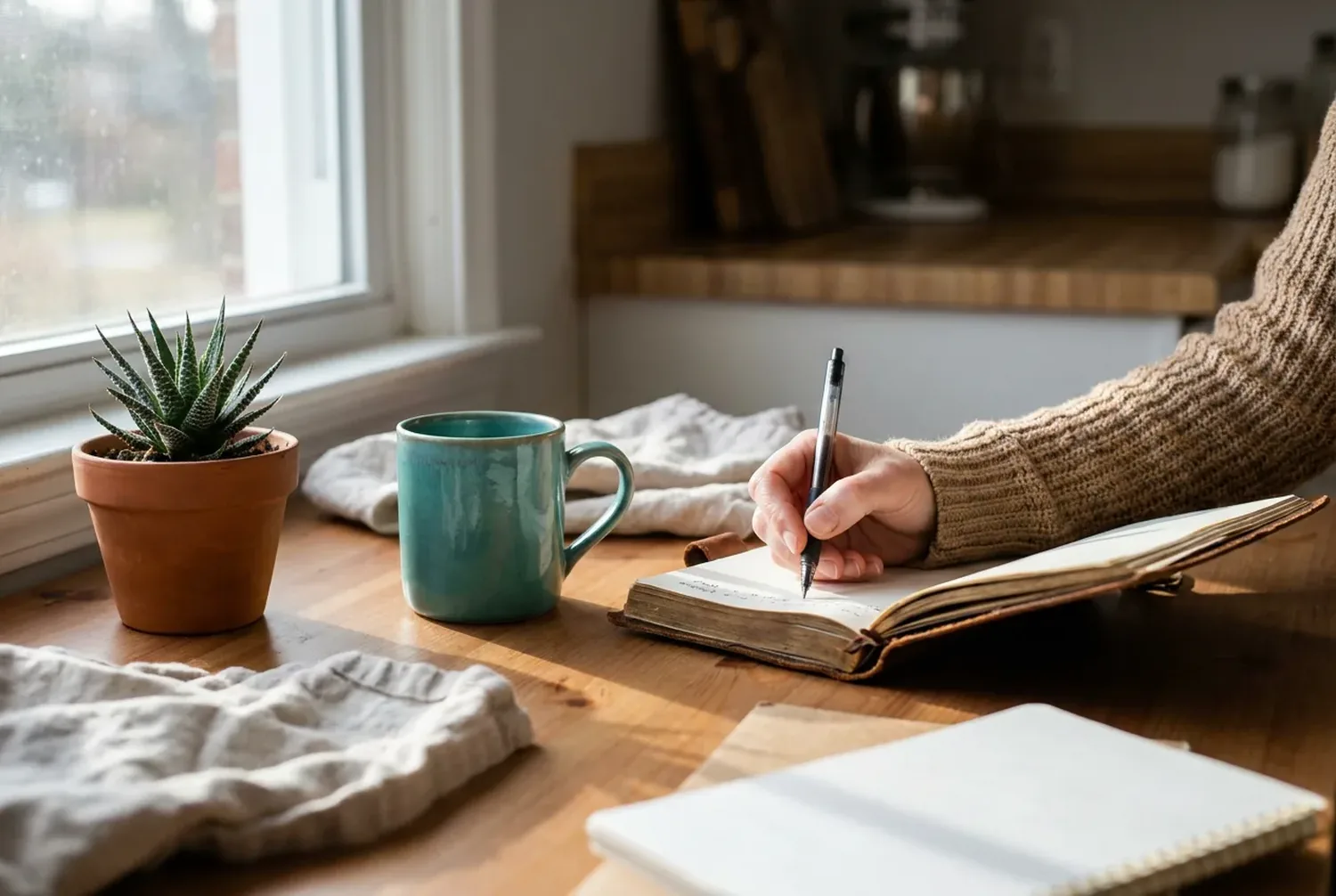A calm hand writing in a journal at a tidy kitchen table beside a teal mug and a small plant A calm hand writing in a journal at a tidy kitchen table beside a teal mug and a small plant