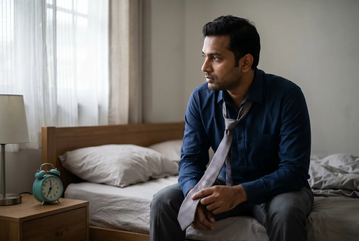 Man sitting on the edge of his bed before work, tie in hand, with a single teal alarm clock on the nightstand Man sitting on the edge of his bed before work, tie in hand, with a single teal alarm clock on the nightstand