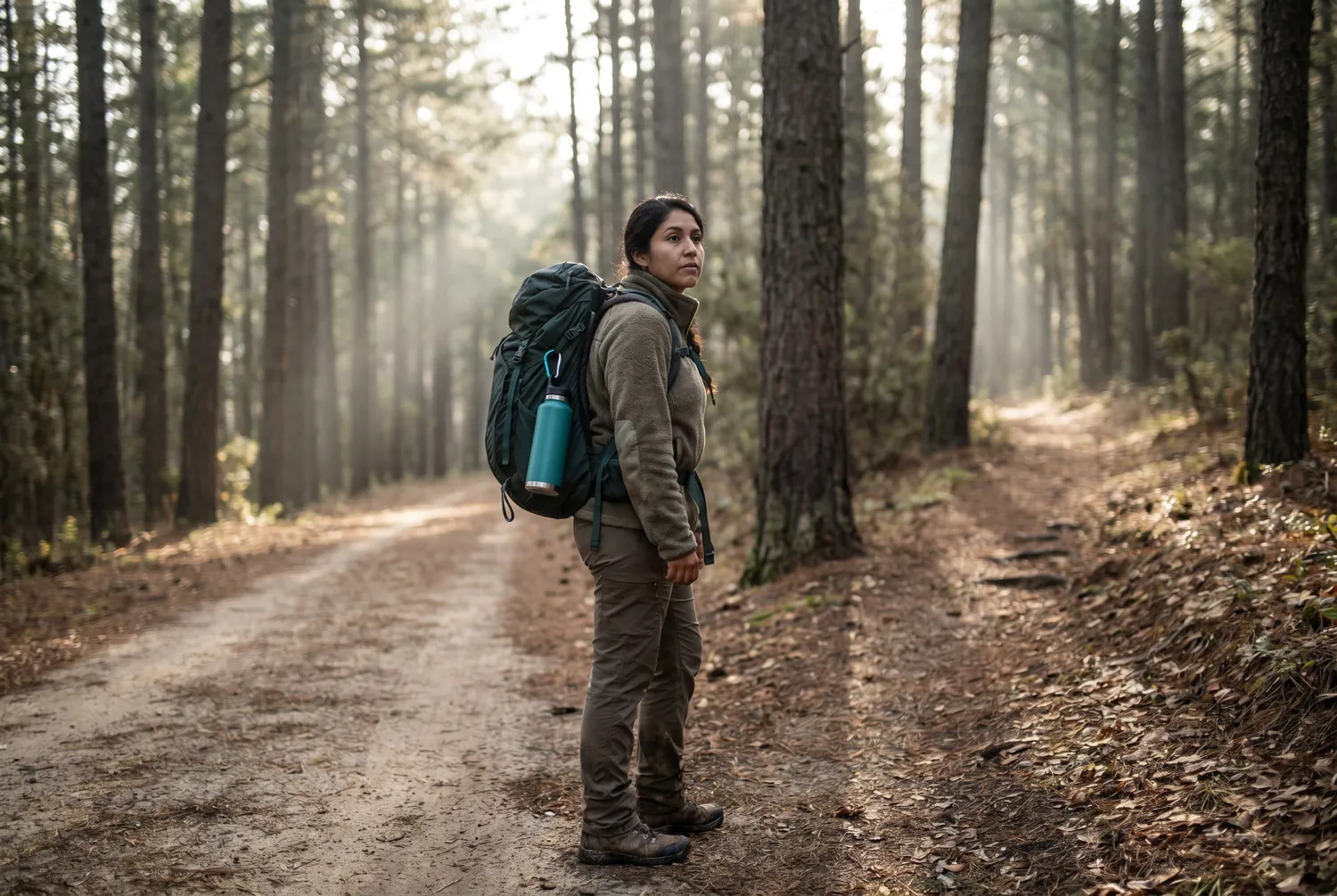Woman pausing at a fork in a forest trail, turning toward the overgrown path, a single teal water bottle clipped to her backpack