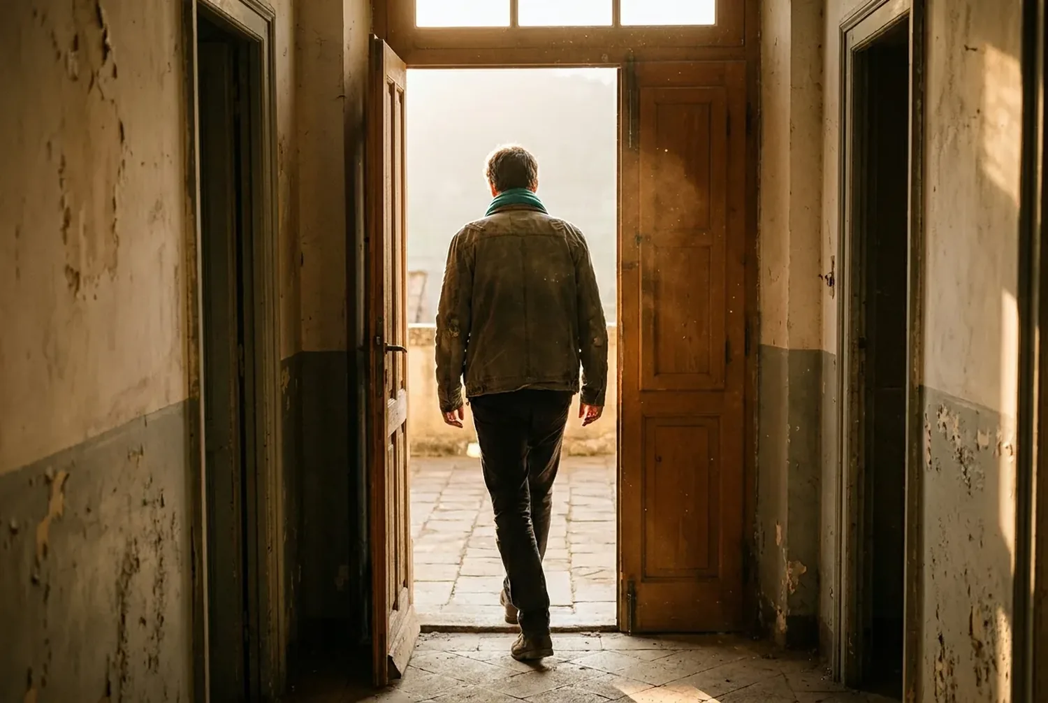 A person stepping through a bright open doorway from a dim hallway into sunlight, moving forward A person stepping through a bright open doorway from a dim hallway into sunlight, moving forward