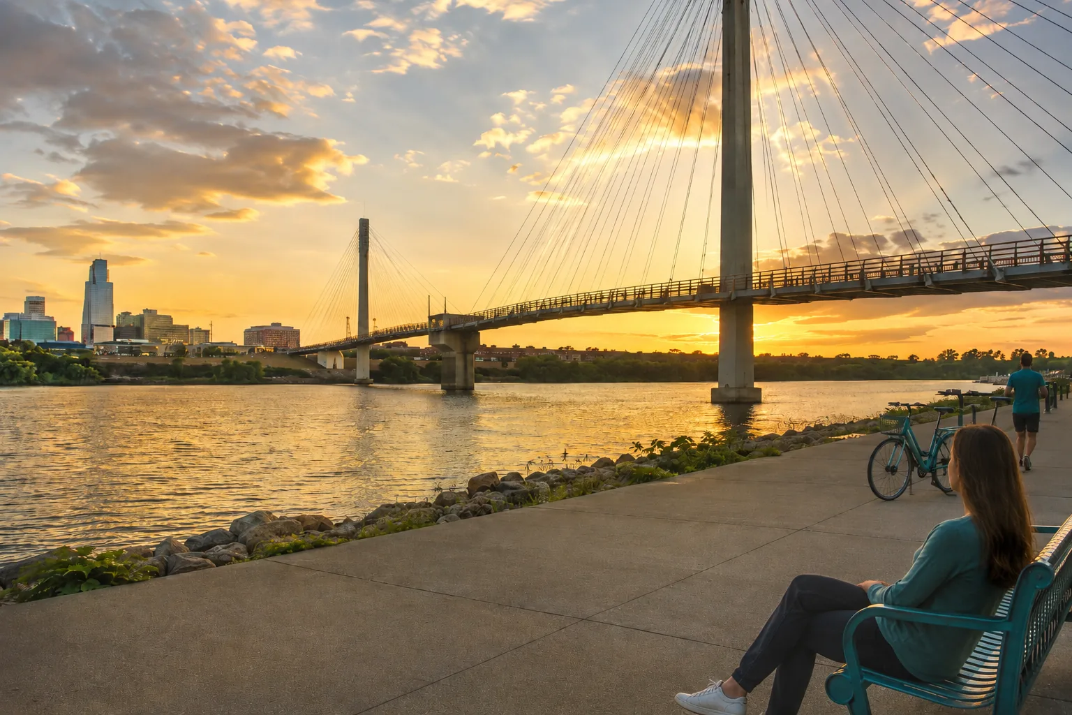 The Bob Kerrey Pedestrian Bridge over the Missouri River in Omaha at golden hour The Bob Kerrey Pedestrian Bridge over the Missouri River in Omaha at golden hour