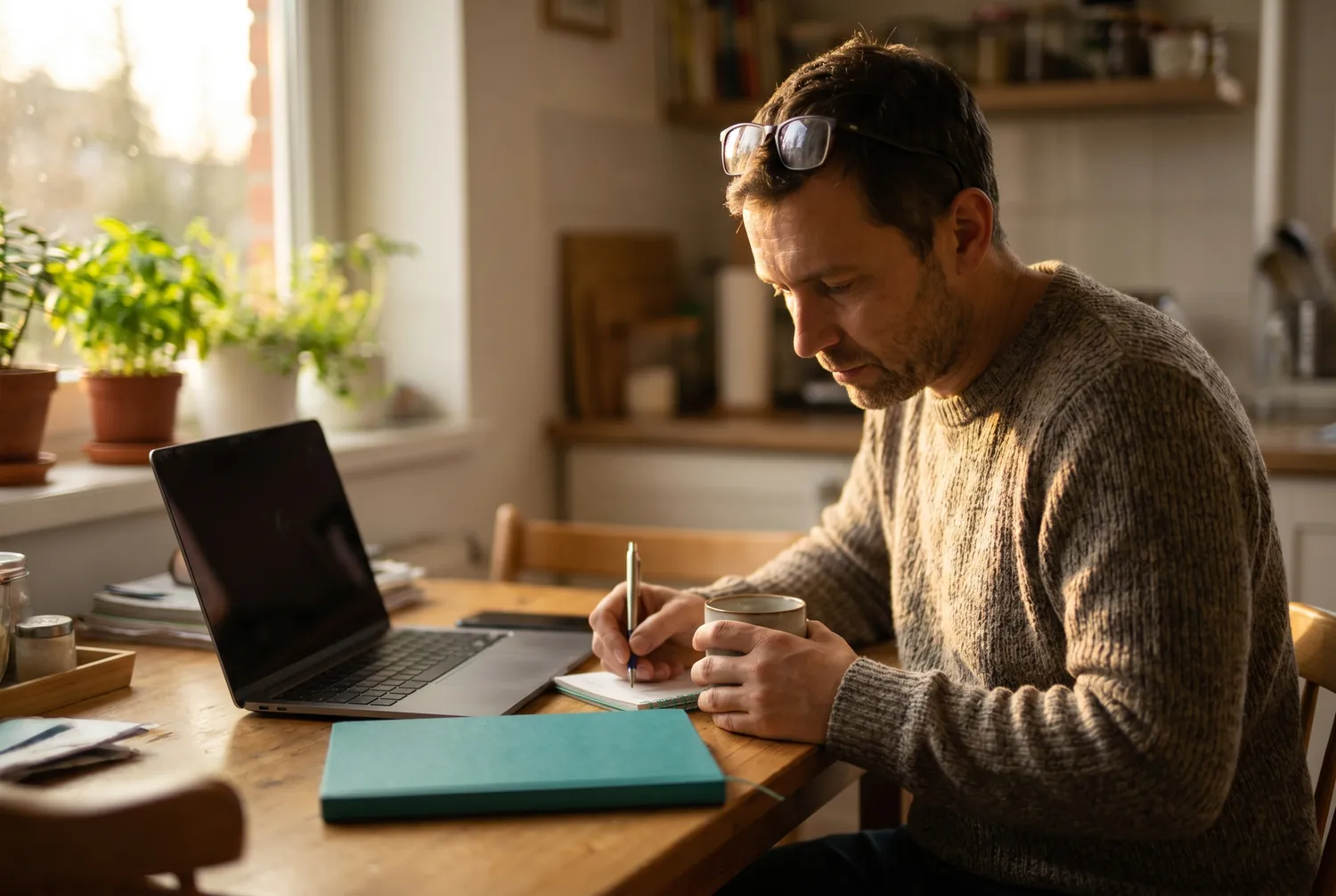 Man taking notes in a teal notebook during an online psychiatry appointment