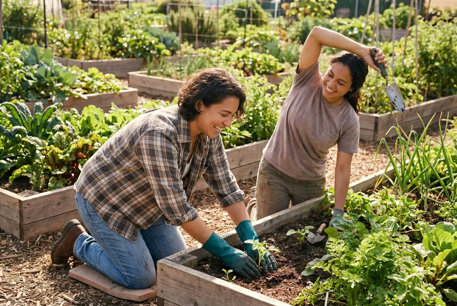 A couple gardening comfortably in raised beds in morning light A couple gardening comfortably in raised beds in morning light