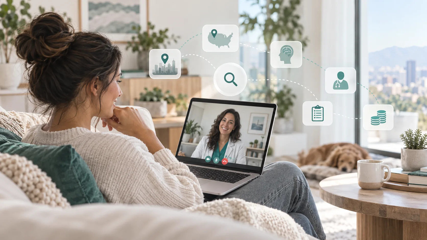 A cozy telehealth scene: an adult at home preparing for an online psychiatric visit, warm natural light A cozy telehealth scene: an adult at home preparing for an online psychiatric visit, warm natural light