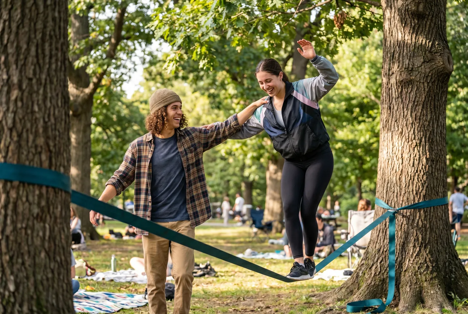 Two friends balancing on a slackline, one steadying the other Two friends balancing on a slackline, one steadying the other