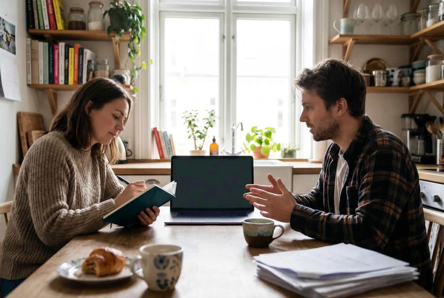 Two adults preparing notes together at a kitchen table before a telehealth psychiatric visit, with a deep teal notebook Two adults preparing notes together at a kitchen table before a telehealth psychiatric visit, with a deep teal notebook