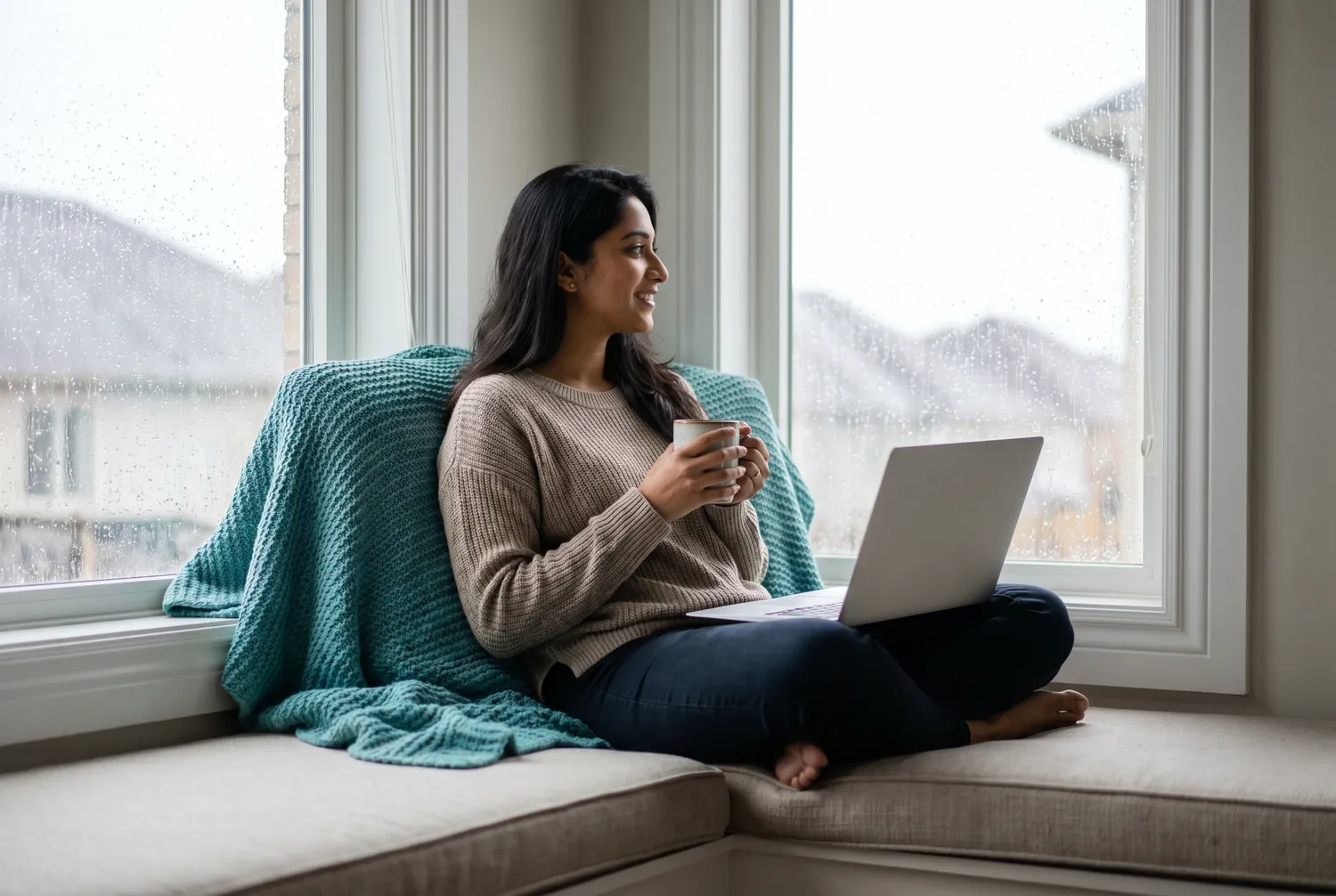 Woman settling into a window seat with her laptop before a first telepsychiatry appointment