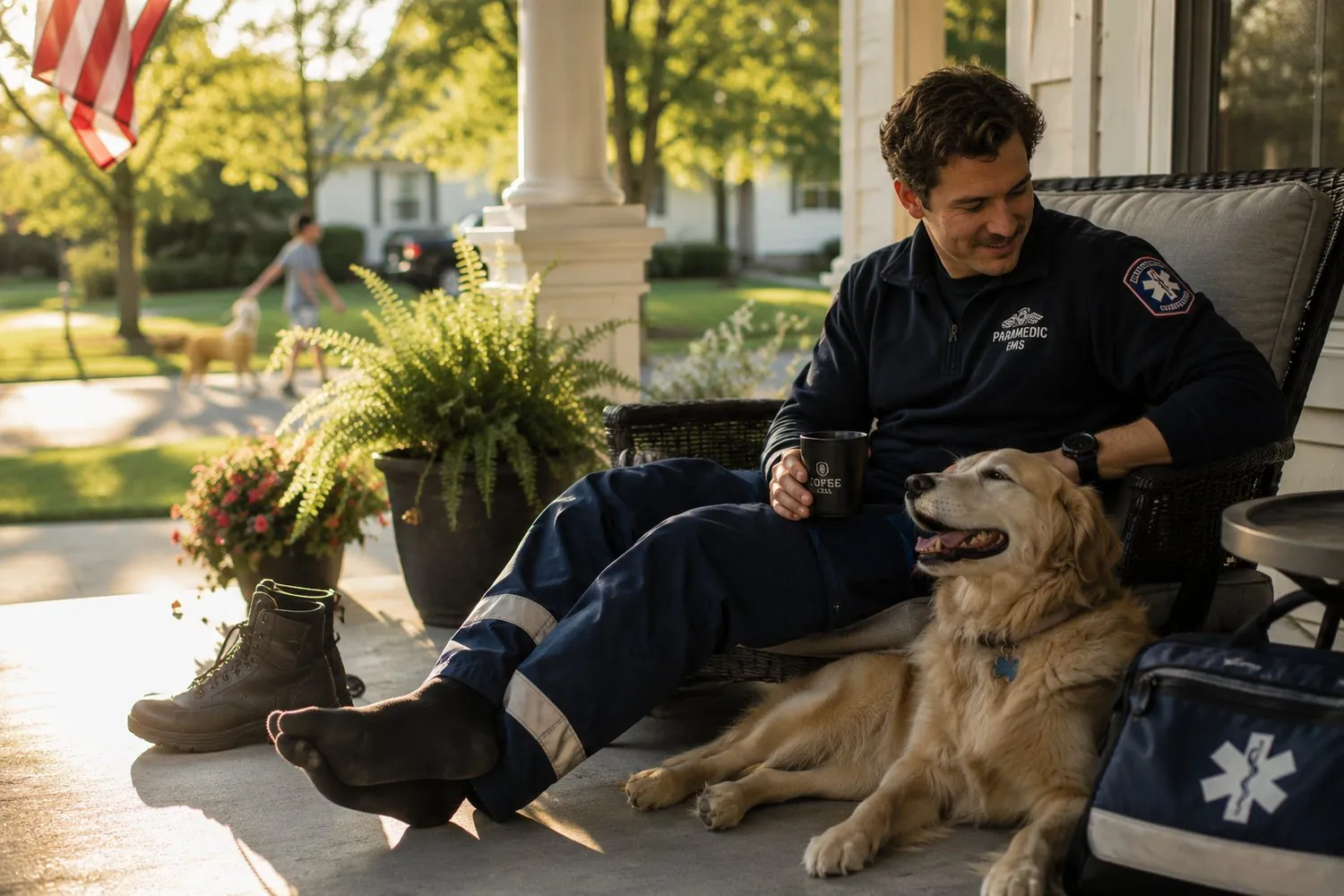 a first responder resting off duty, a grounded human moment a first responder resting off duty, a grounded human moment