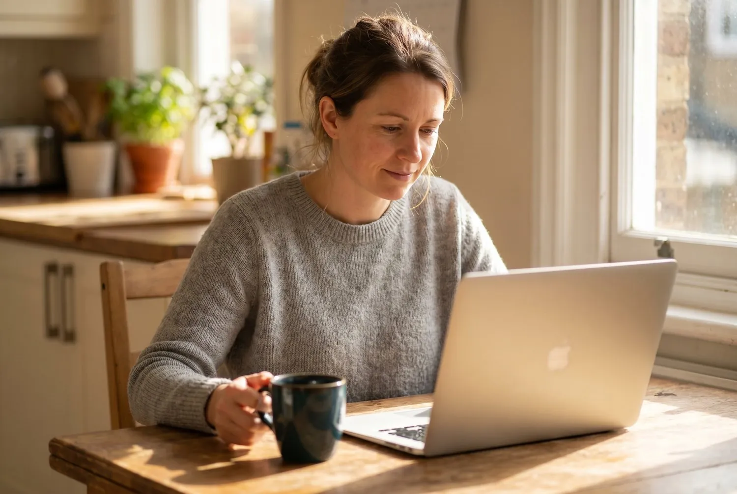 Completing a shrinkMD intake form on a laptop at a sunny kitchen table