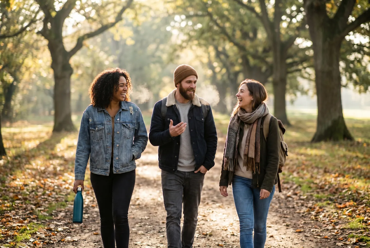 Three friends walking briskly together on a tree-lined park path Three friends walking briskly together on a tree-lined park path