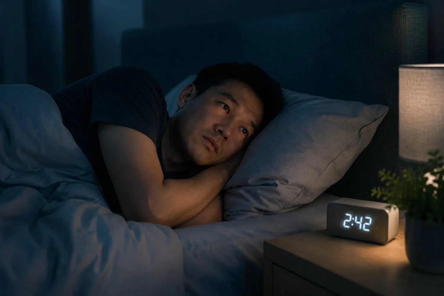 an adult lying awake in bed at night, eyes open, a clock glowing softly nearby an adult lying awake in bed at night, eyes open, a clock glowing softly nearby