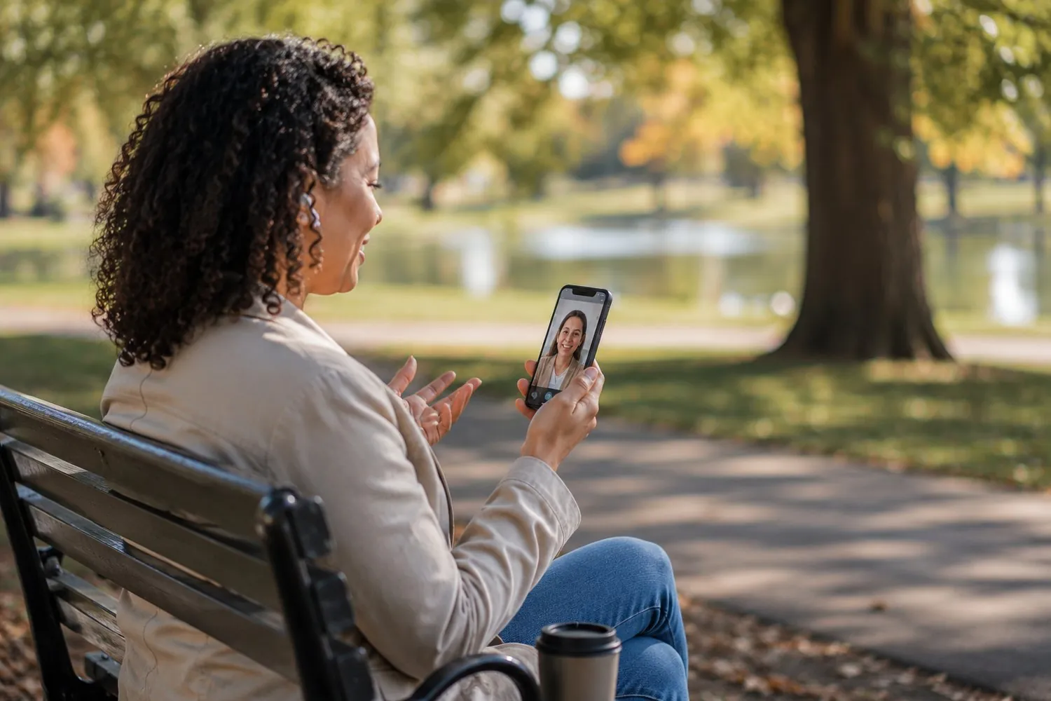a calm therapist and adult talking by video, a warm and unhurried session a calm therapist and adult talking by video, a warm and unhurried session