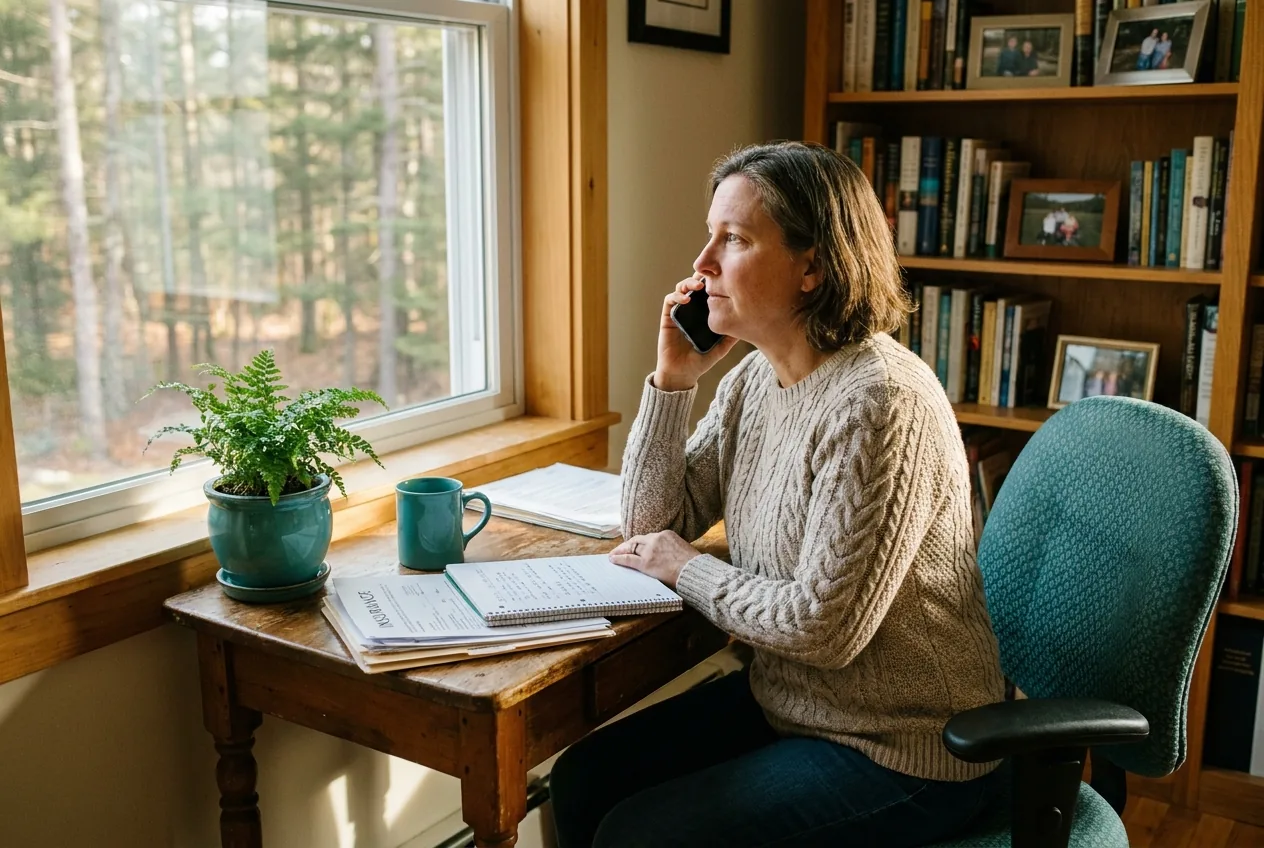 An adult reviewing MaineCare mental health coverage paperwork at a Maine home desk with a phone and notebook An adult reviewing MaineCare mental health coverage paperwork at a Maine home desk with a phone and notebook