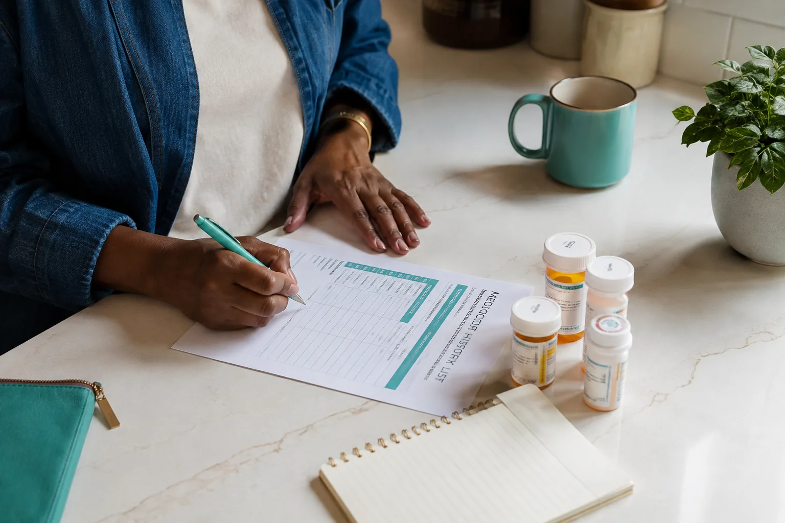 Hands writing on a printed medication list organized on a clean kitchen counter Hands writing on a printed medication list organized on a clean kitchen counter