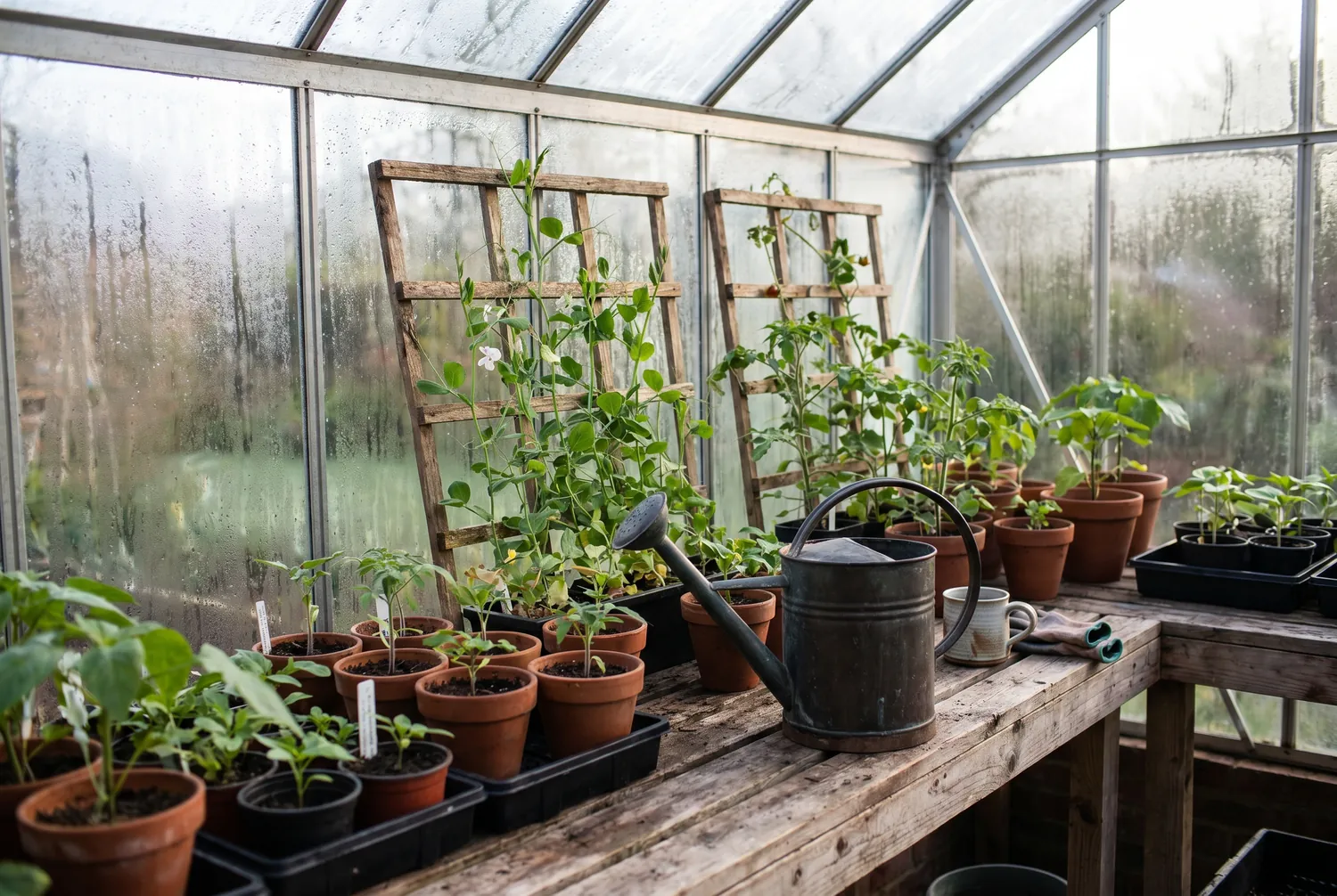 Greenhouse interior with young vines trained up wooden trellises and a single teal watering can on the potting bench Greenhouse interior with young vines trained up wooden trellises and a single teal watering can on the potting bench
