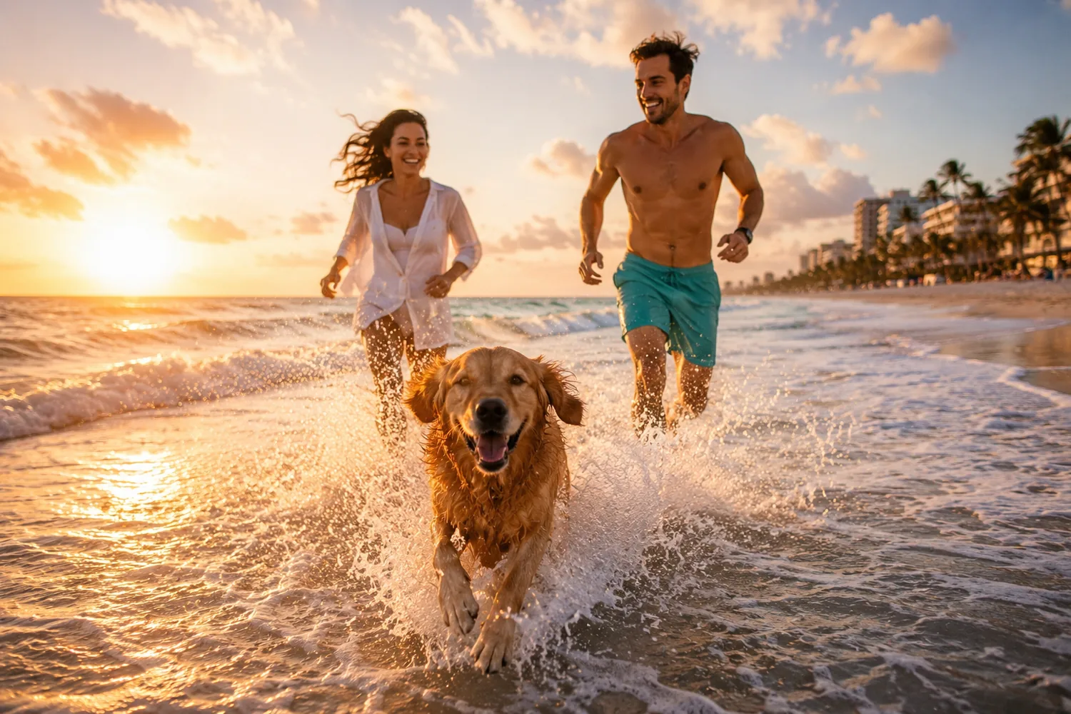 A happy couple runs through the surf with their golden retriever at sunrise, living life without barriers A happy couple runs through the surf with their golden retriever at sunrise, living life without barriers