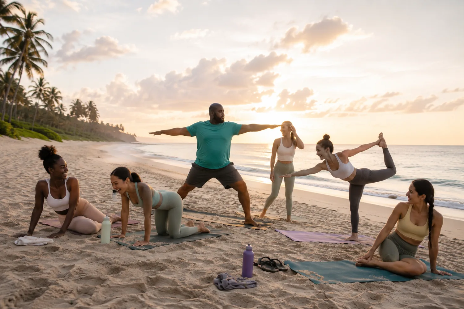 A diverse group greets the sunrise with beach yoga, one member in a teal shirt holding warrior pose A diverse group greets the sunrise with beach yoga, one member in a teal shirt holding warrior pose