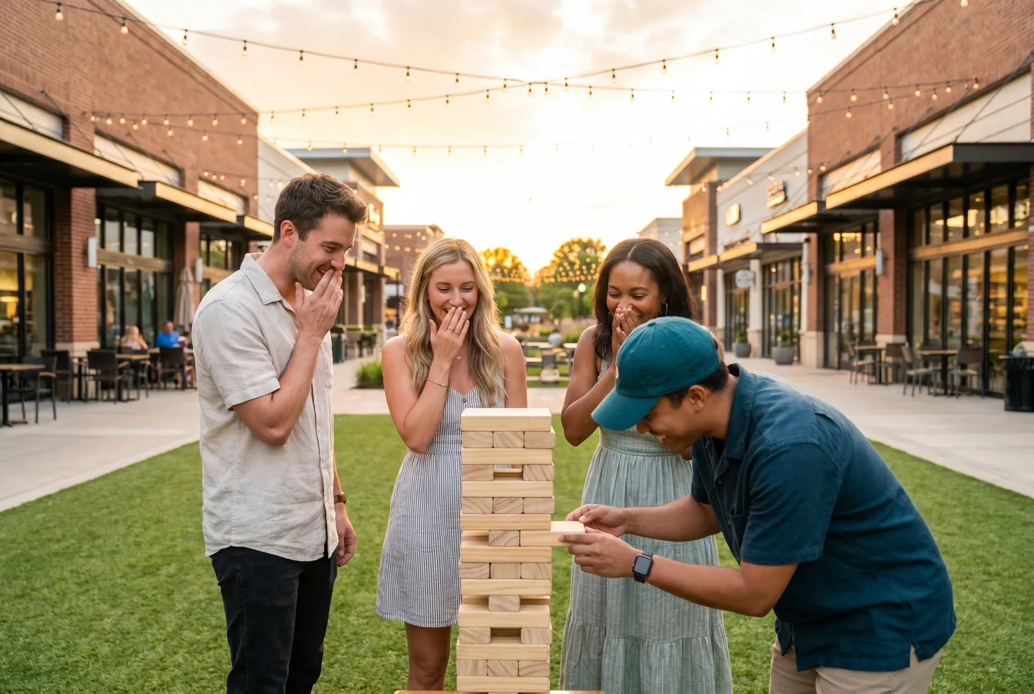 Giant blocks game on an Avalon-style promenade lawn in Alpharetta Giant blocks game on an Avalon-style promenade lawn in Alpharetta