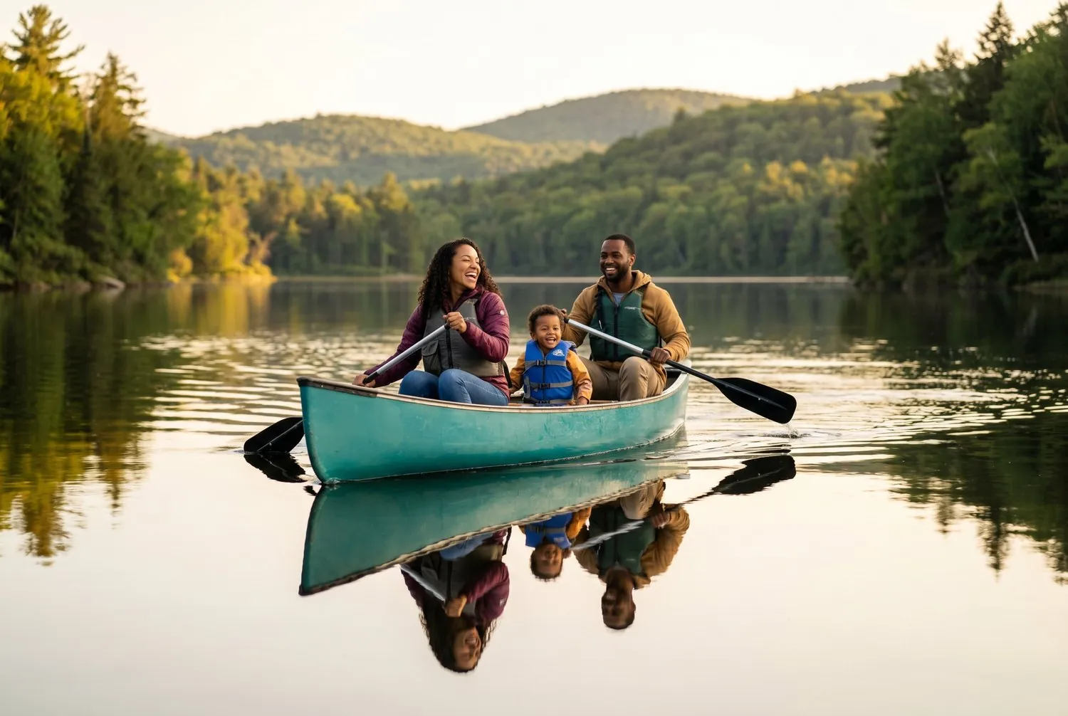 Family canoeing on Lake Auburn in Auburn, Maine Family canoeing on Lake Auburn in Auburn, Maine
