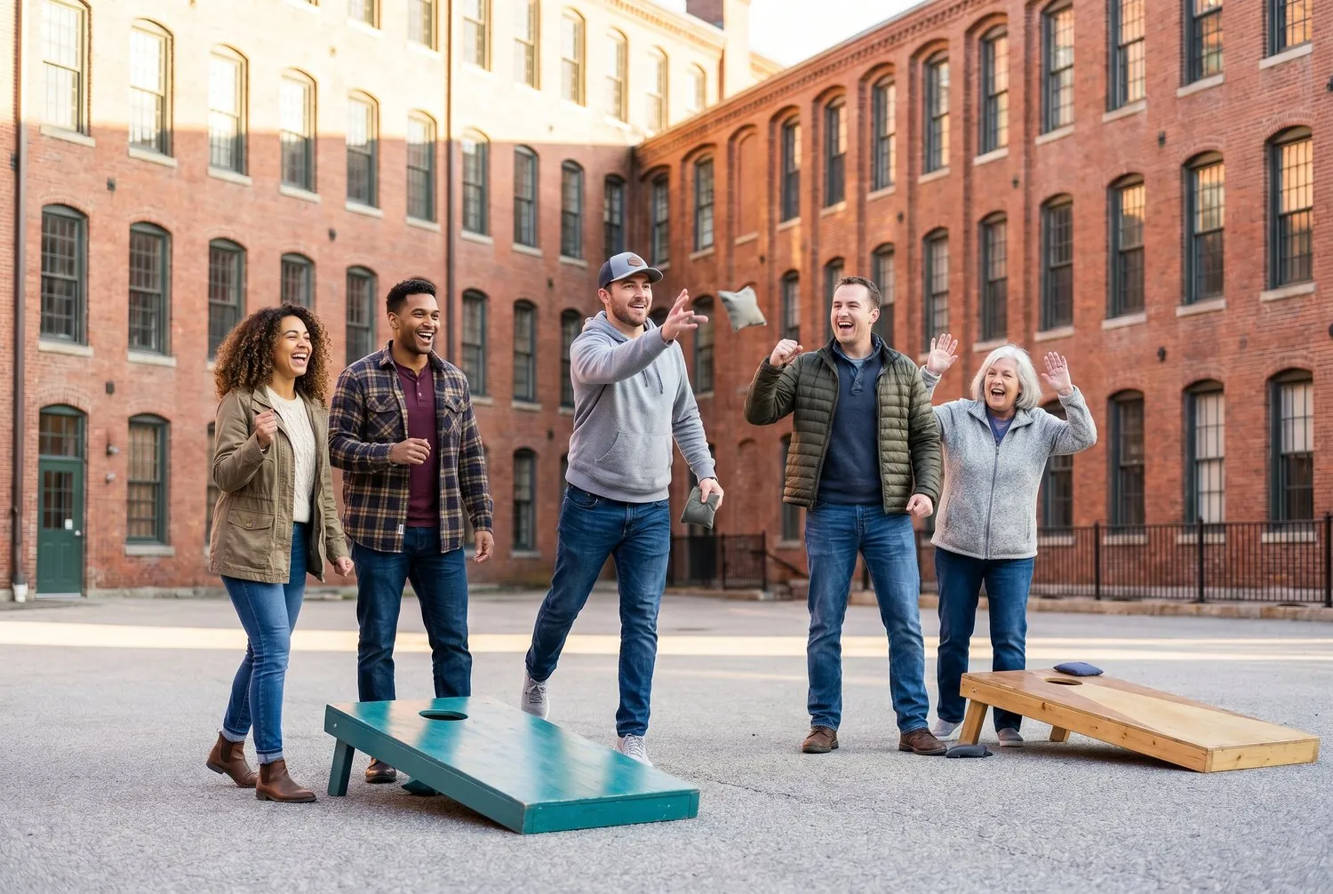 Friends playing cornhole in the Pepperell Mill courtyard in Biddeford, Maine Friends playing cornhole in the Pepperell Mill courtyard in Biddeford, Maine