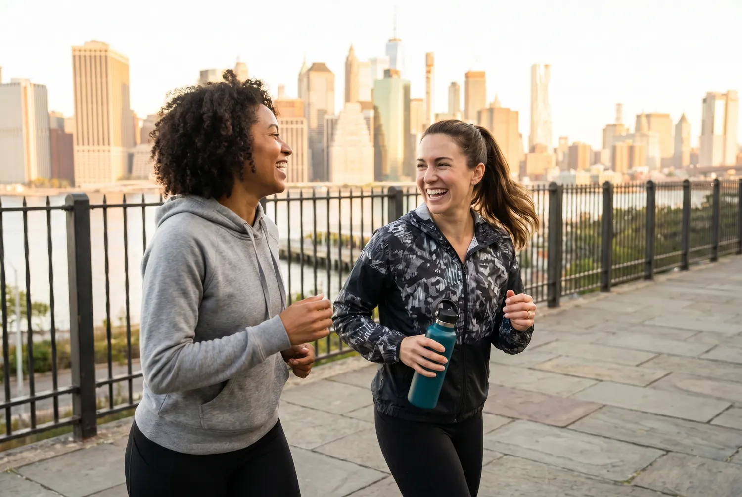 Friends jogging the Brooklyn Heights Promenade with the Manhattan skyline behind Friends jogging the Brooklyn Heights Promenade with the Manhattan skyline behind