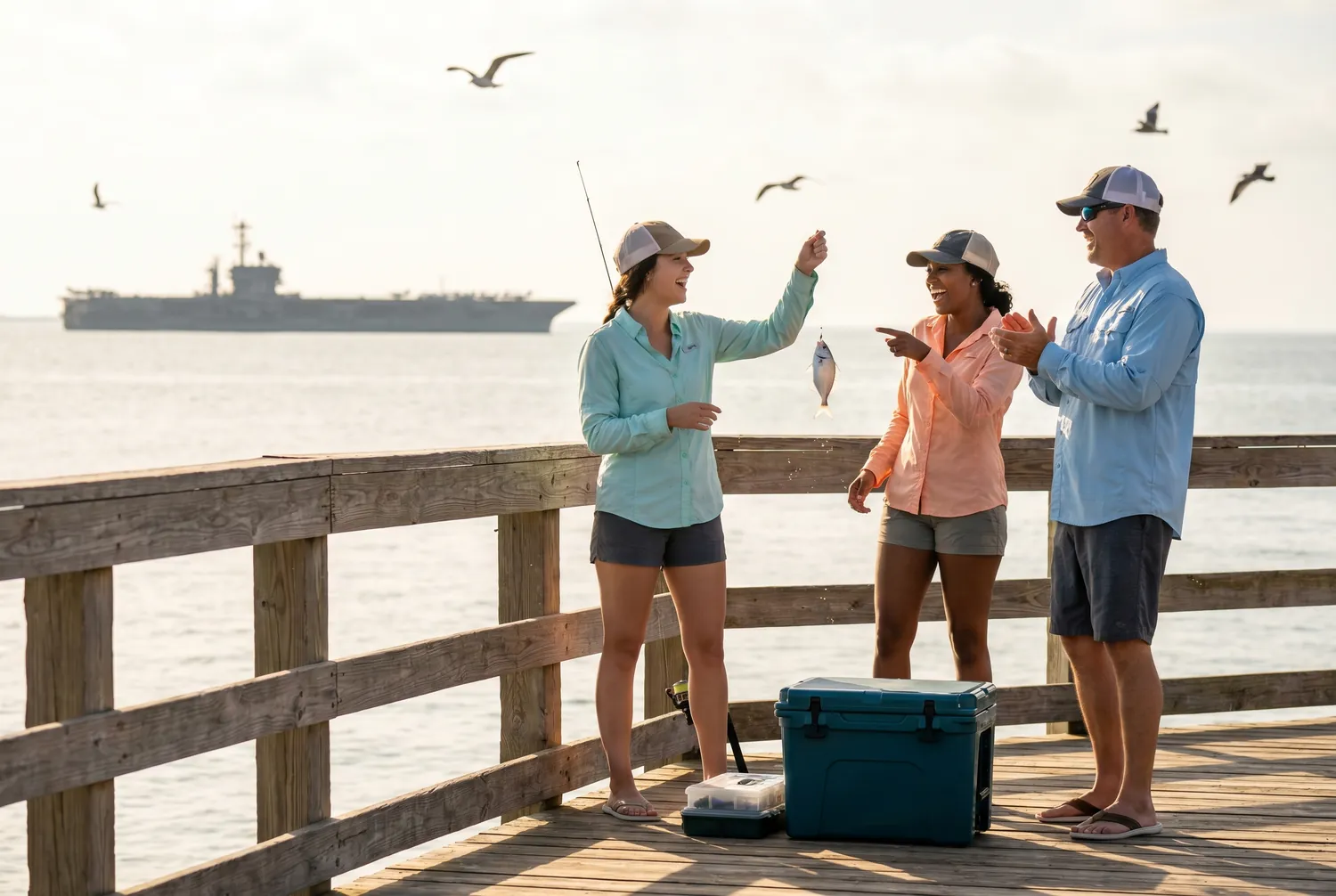 Friends fishing from a pier over Corpus Christi Bay Friends fishing from a pier over Corpus Christi Bay