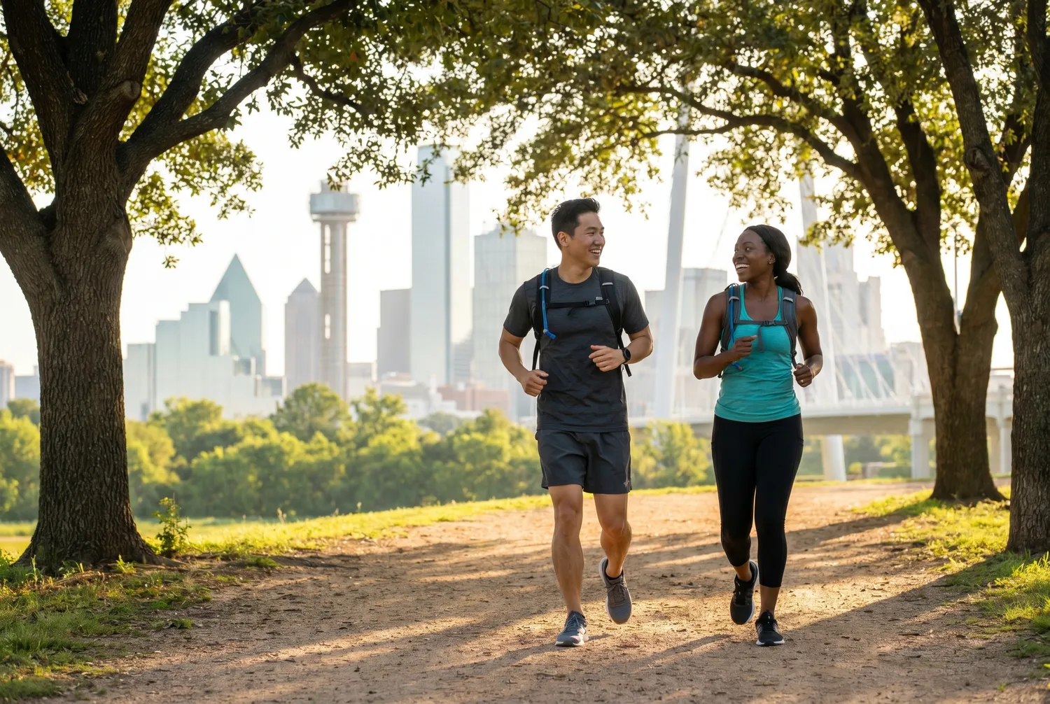 Two friends jogging the Katy Trail with the Dallas skyline beyond Two friends jogging the Katy Trail with the Dallas skyline beyond