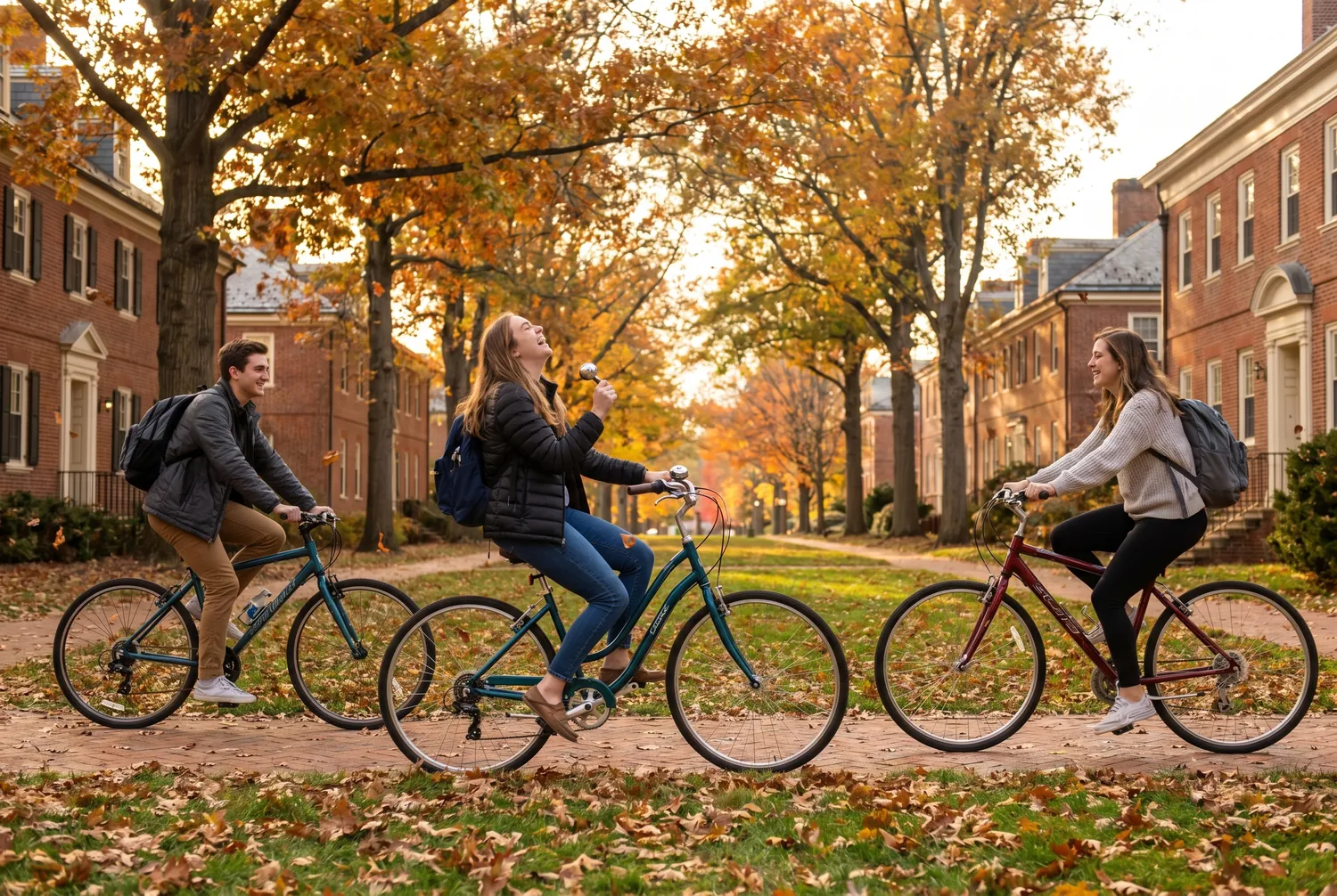 Cycling a brick-campus lawn in autumn in Fairfax Cycling a brick-campus lawn in autumn in Fairfax