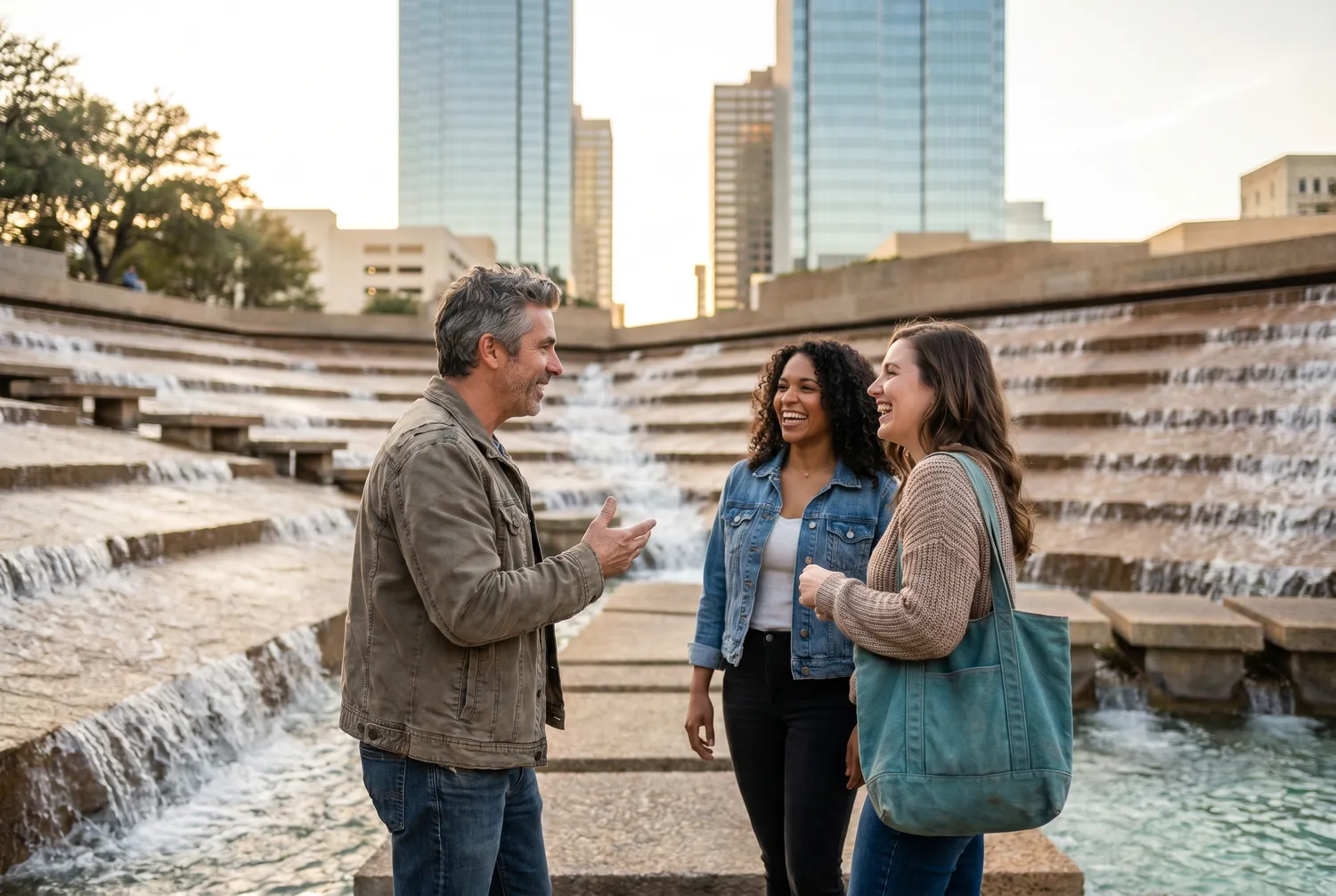 Friends walking the terraced Fort Worth Water Gardens Friends walking the terraced Fort Worth Water Gardens