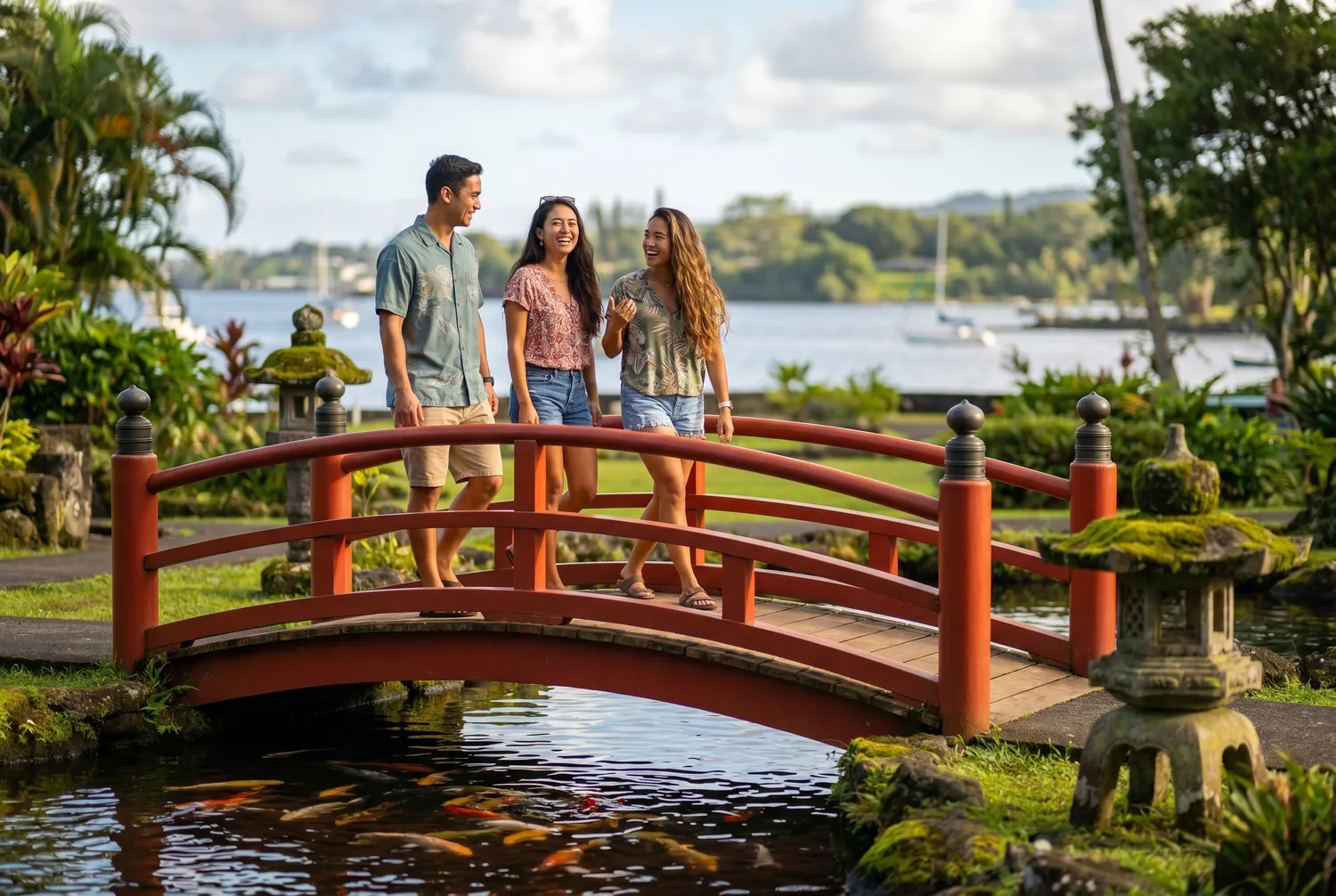 Strolling the red footbridges of Liliuokalani Gardens in Hilo, Hawaii Strolling the red footbridges of Liliuokalani Gardens in Hilo, Hawaii