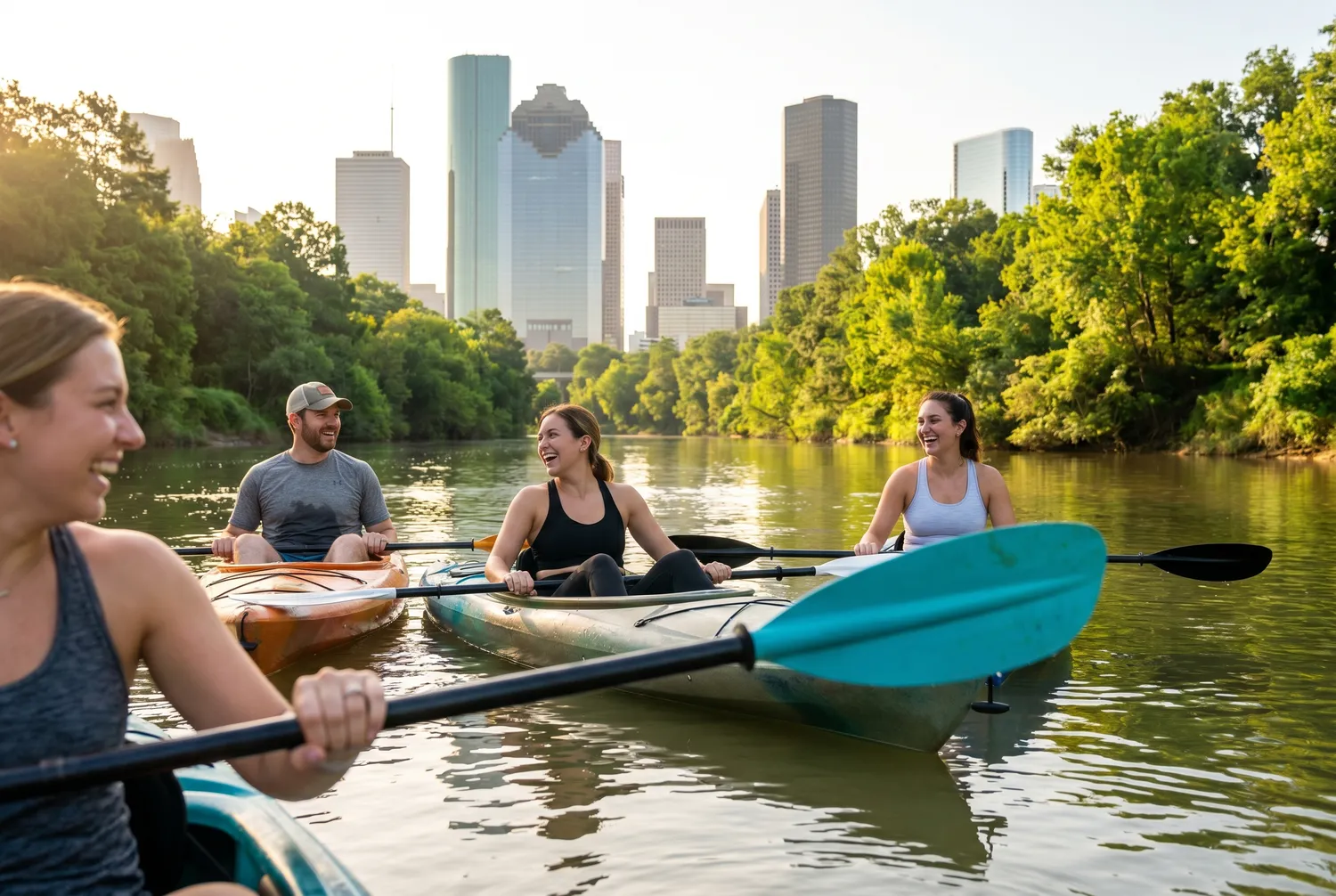 Friends kayaking Buffalo Bayou beneath the Houston skyline Friends kayaking Buffalo Bayou beneath the Houston skyline
