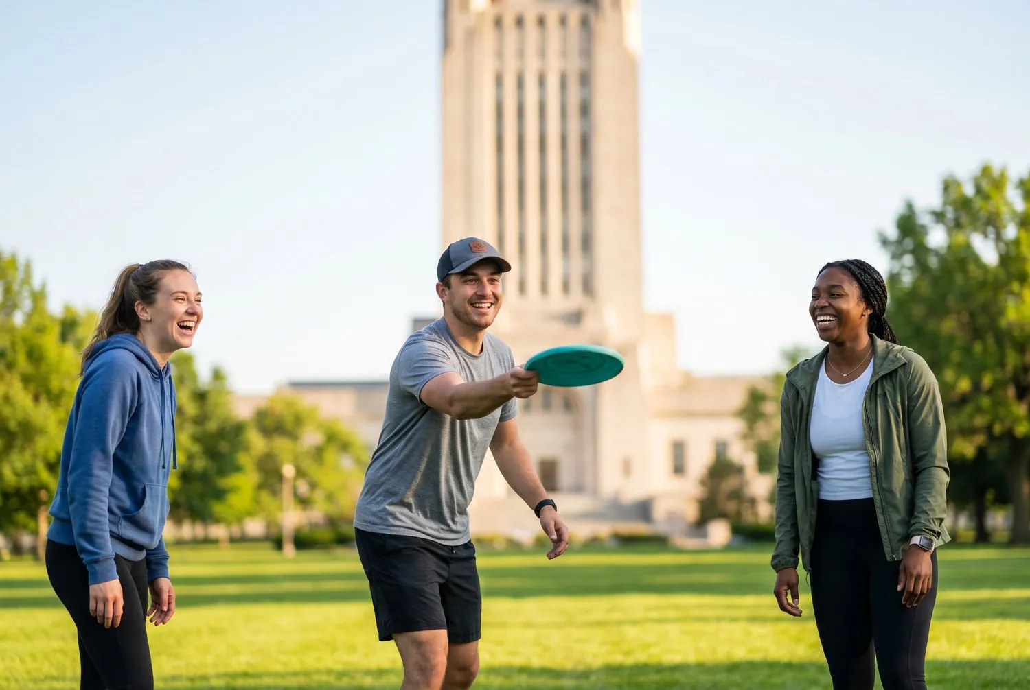 Friends playing disc golf near the Nebraska State Capitol in Lincoln, Nebraska Friends playing disc golf near the Nebraska State Capitol in Lincoln, Nebraska
