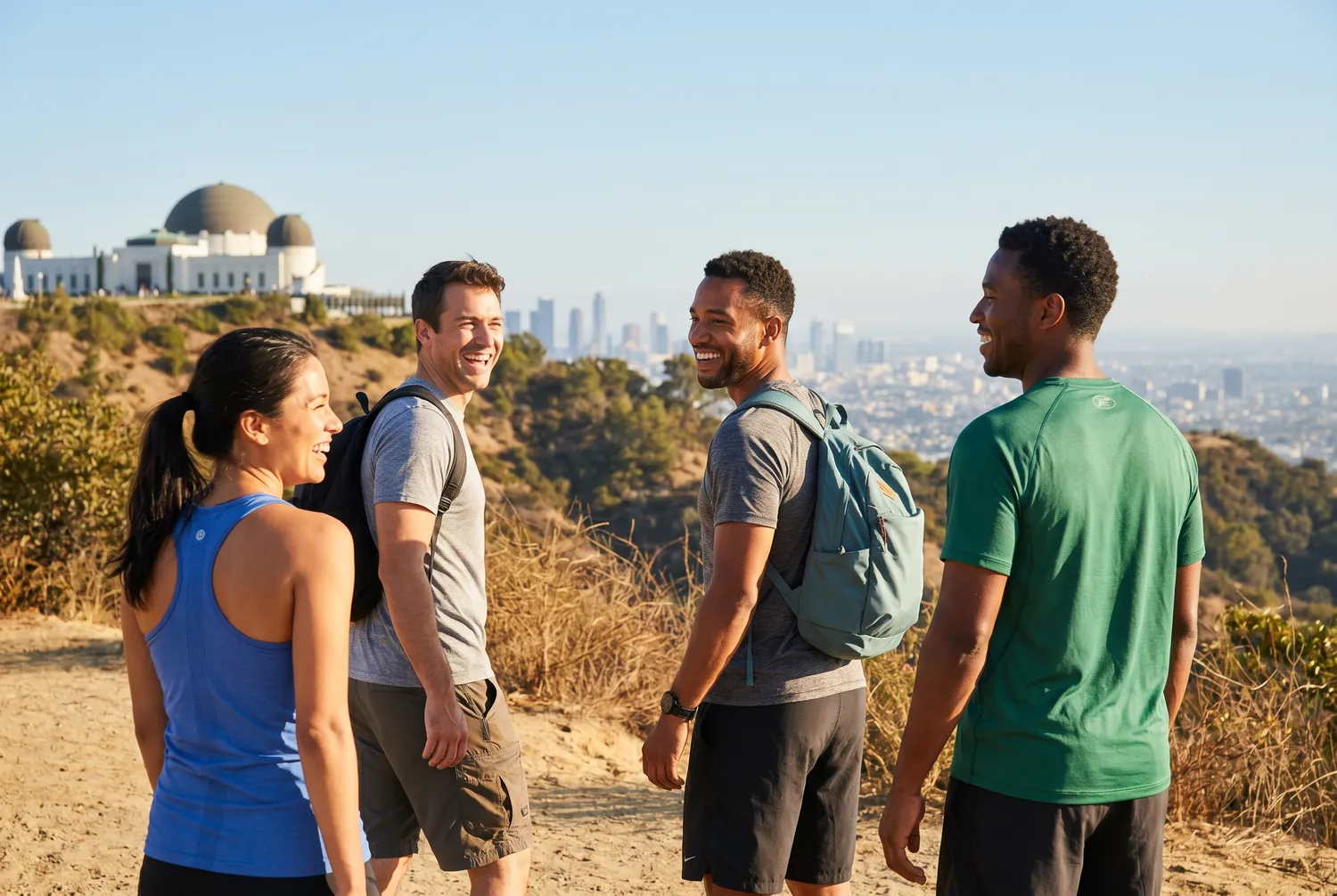 Friends hiking Griffith Park with the Observatory and LA skyline behind Friends hiking Griffith Park with the Observatory and LA skyline behind