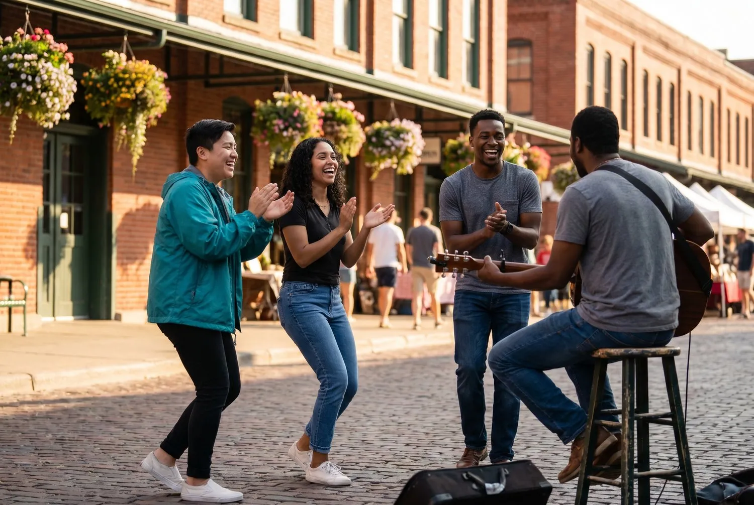 Friends dancing to a street musician in Omaha's Old Market district in Nebraska Friends dancing to a street musician in Omaha's Old Market district in Nebraska