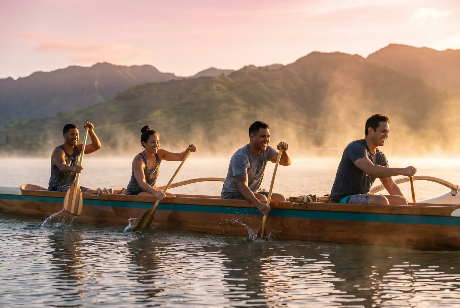 Outrigger canoe crew at sunrise near Pearl City, Oahu Outrigger canoe crew at sunrise near Pearl City, Oahu