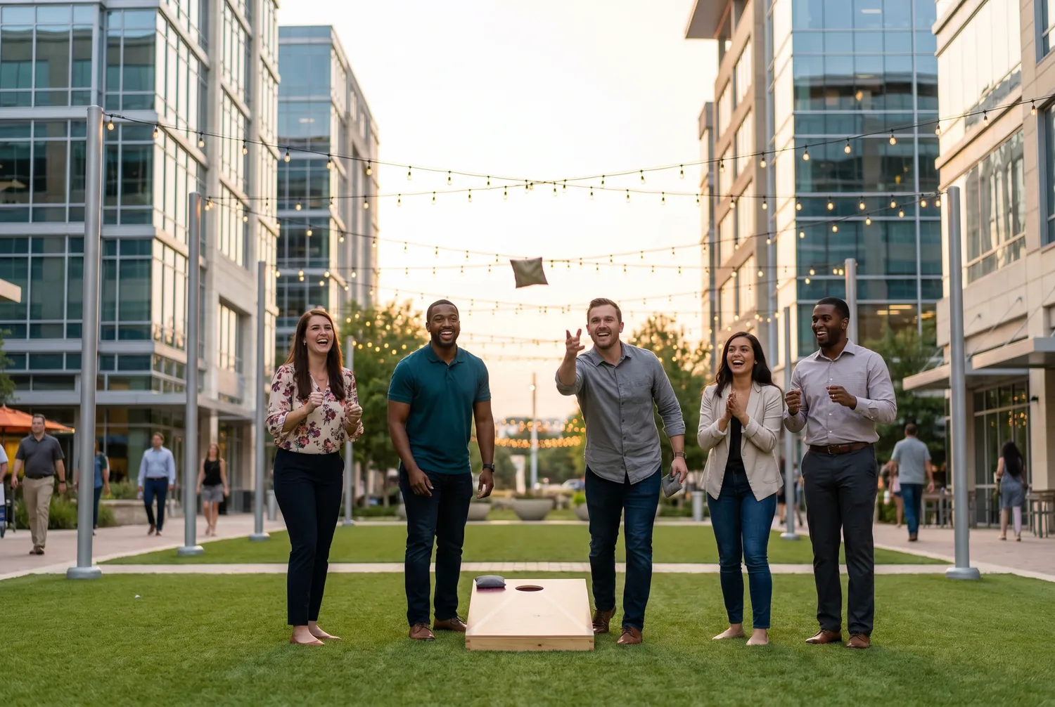 Coworkers playing cornhole on a Legacy-area plaza lawn in Plano Coworkers playing cornhole on a Legacy-area plaza lawn in Plano