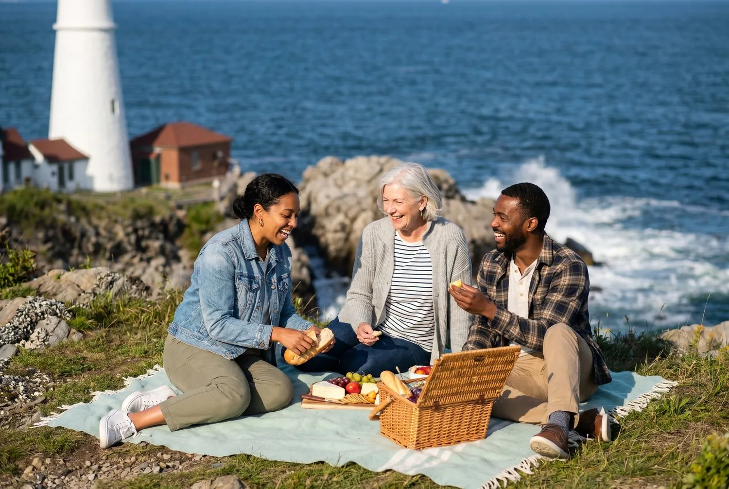 Friends picnicking on the rocks near Portland Head Light in Portland, Maine Friends picnicking on the rocks near Portland Head Light in Portland, Maine