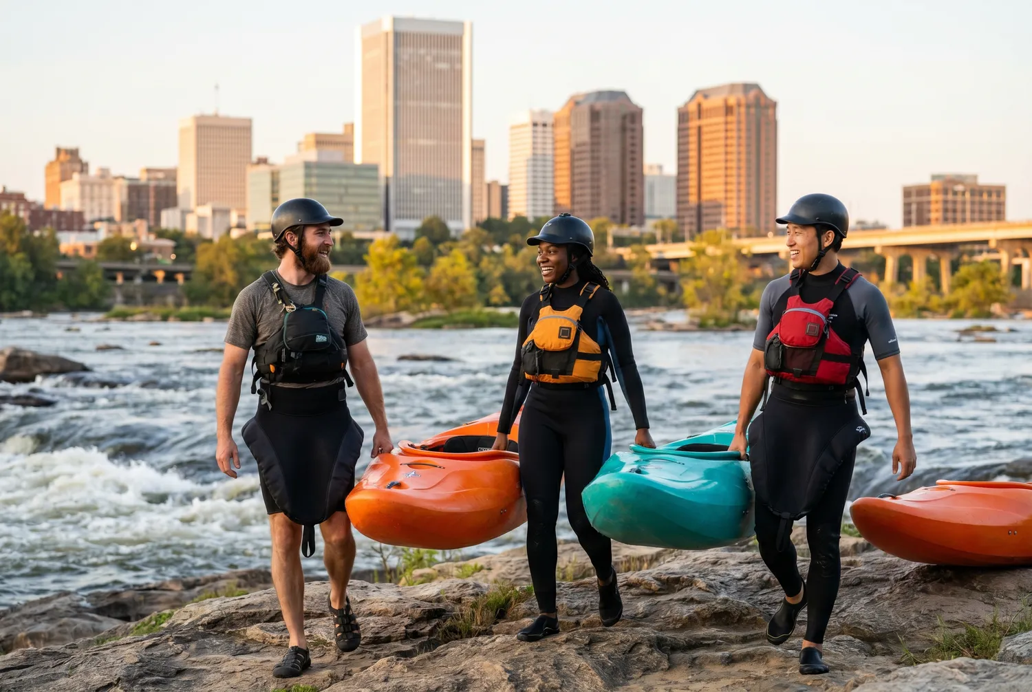 Carrying kayaks to the James River rapids at Belle Isle in Richmond, Virginia Carrying kayaks to the James River rapids at Belle Isle in Richmond, Virginia