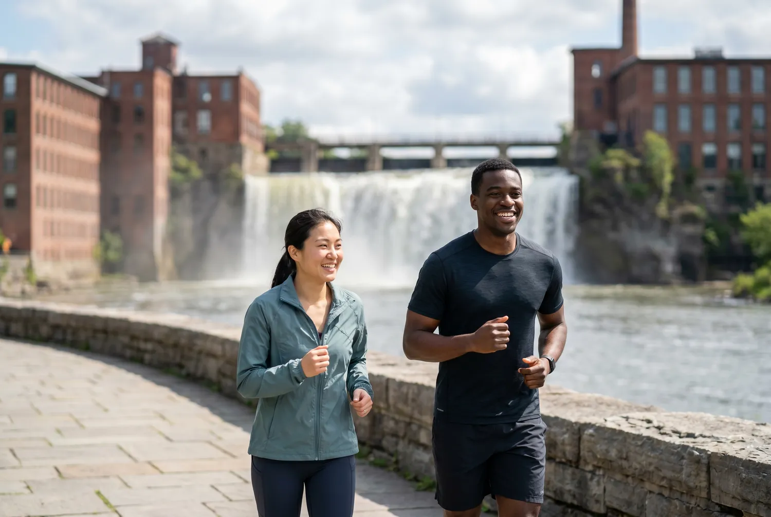 Jogging the Genesee Riverway past High Falls in Rochester, New York Jogging the Genesee Riverway past High Falls in Rochester, New York