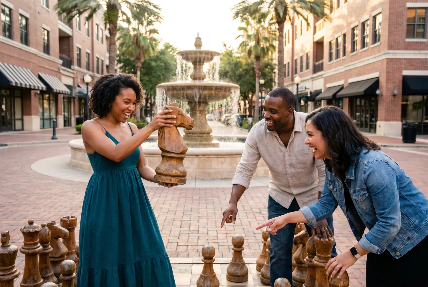 Giant chess beside a Sugar Land town square fountain Giant chess beside a Sugar Land town square fountain