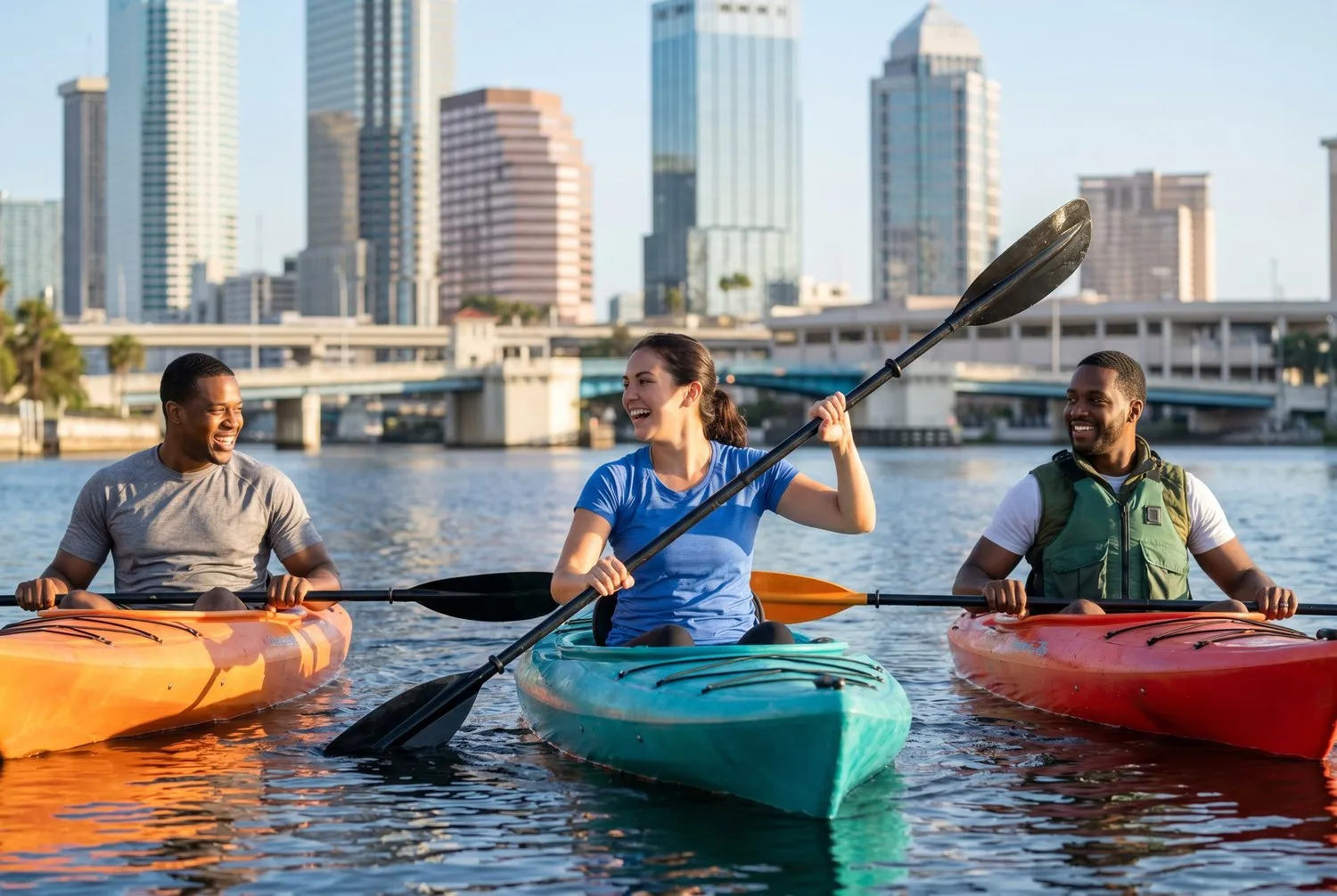 Friends kayaking the Hillsborough River beneath the downtown Tampa, Florida skyline Friends kayaking the Hillsborough River beneath the downtown Tampa, Florida skyline