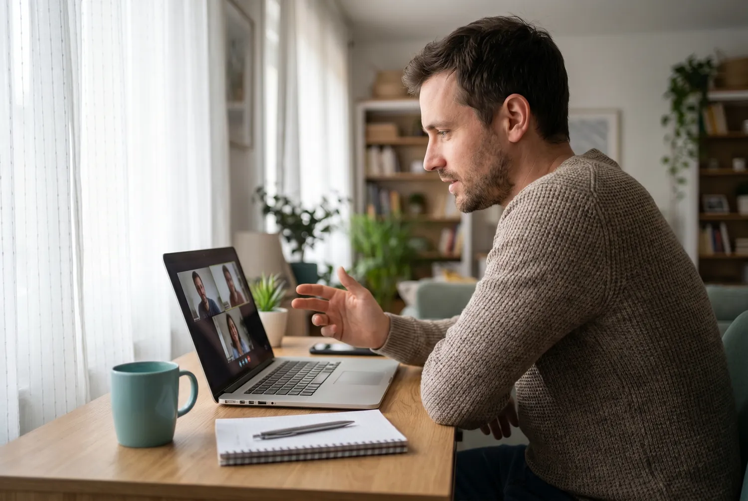Man at a home desk talking with an online psychiatrist during a video appointment