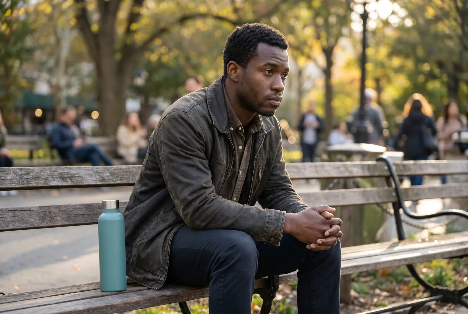 Man sitting on a park bench at dusk caught in repetitive thought, a teal water bottle beside him Man sitting on a park bench at dusk caught in repetitive thought, a teal water bottle beside him
