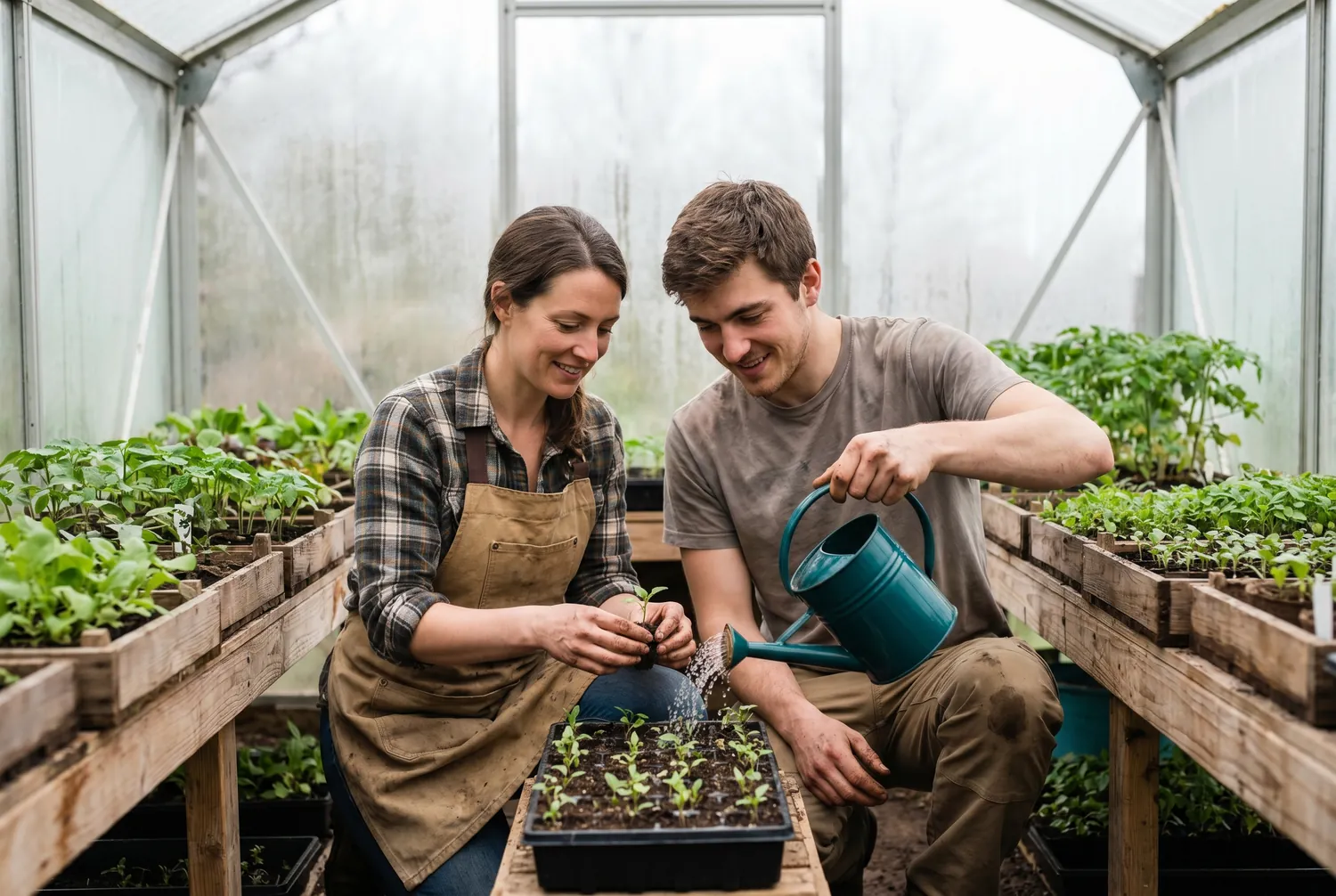 Two friends carefully tending seedlings in a greenhouse Two friends carefully tending seedlings in a greenhouse