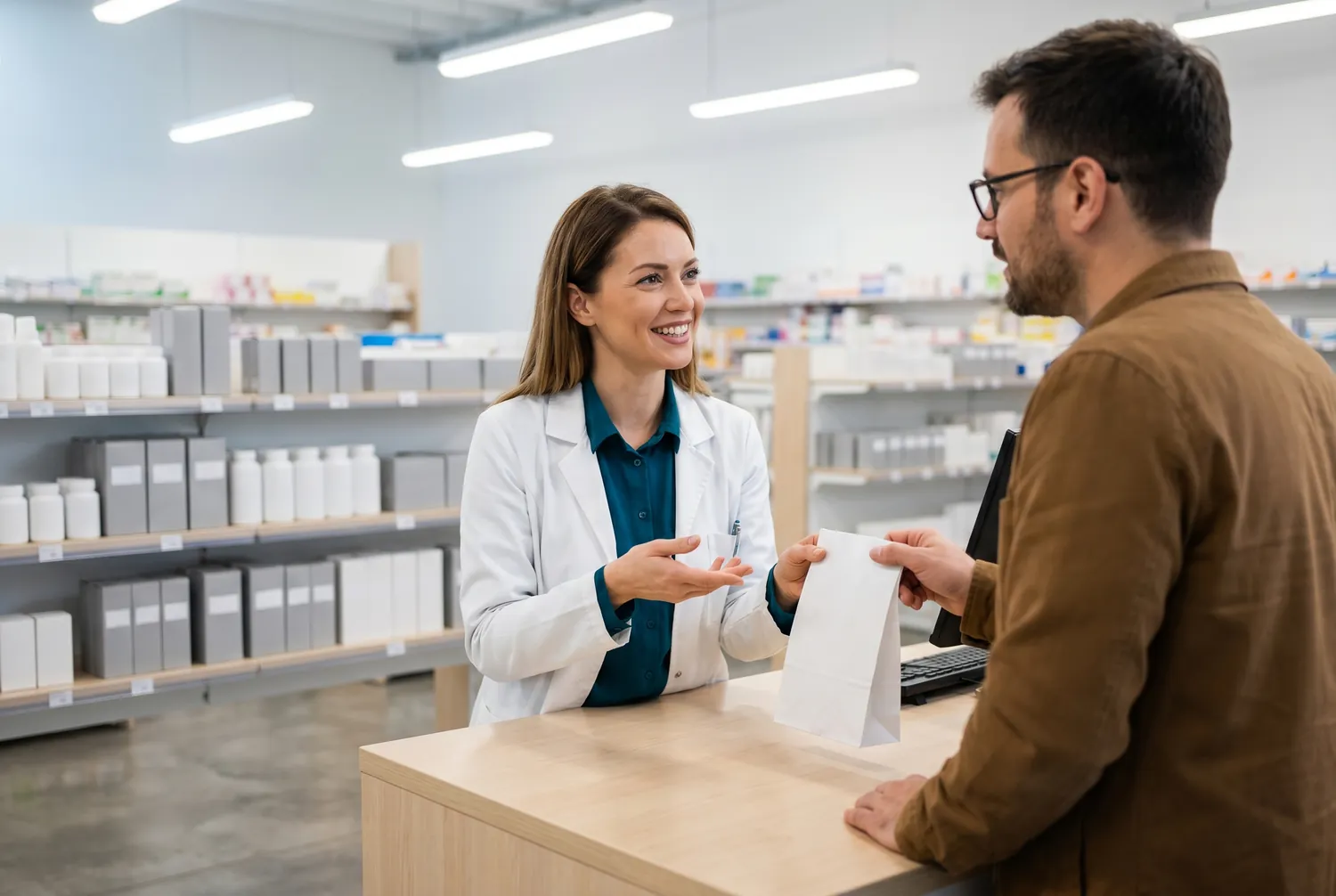 A pharmacist warmly explaining a prescription at the pharmacy counter