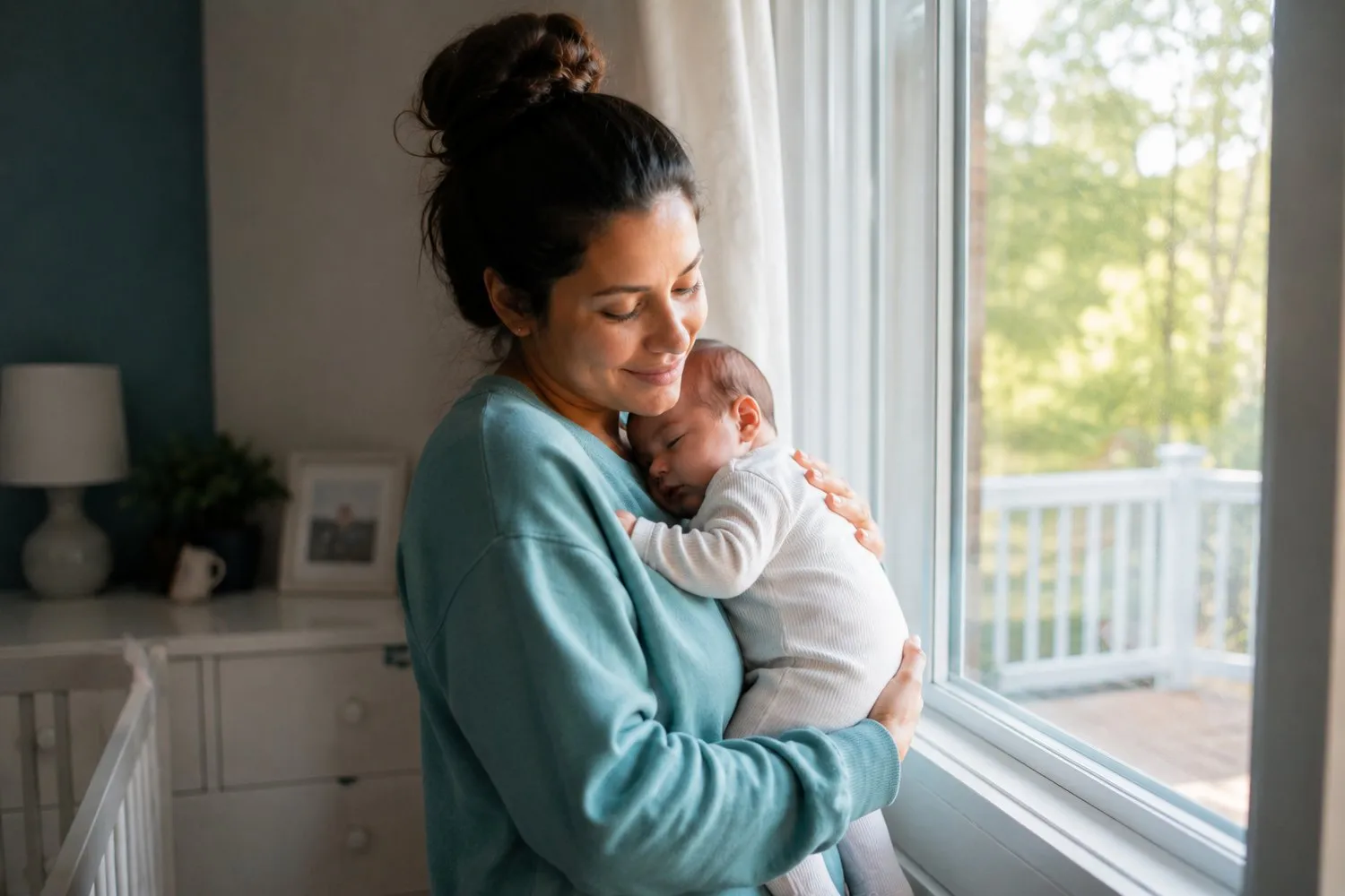 a parent holding their baby by a window, tired but tender a parent holding their baby by a window, tired but tender