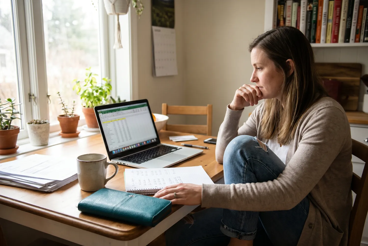 Woman at a kitchen table planning her budget for psychiatric care