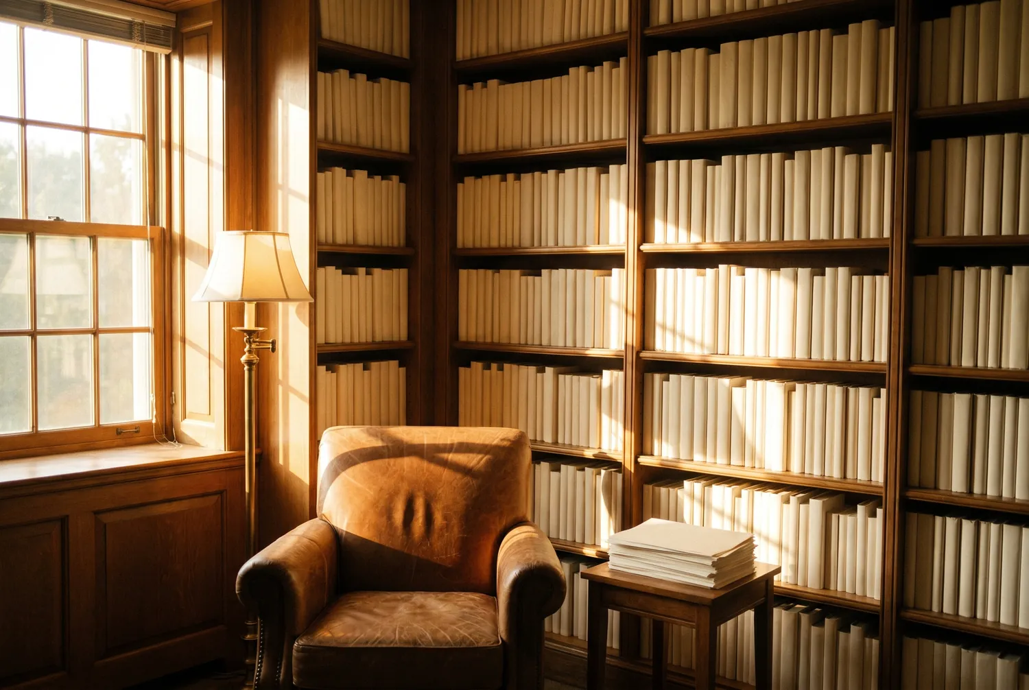 A library reading corner in late afternoon light A library reading corner in late afternoon light